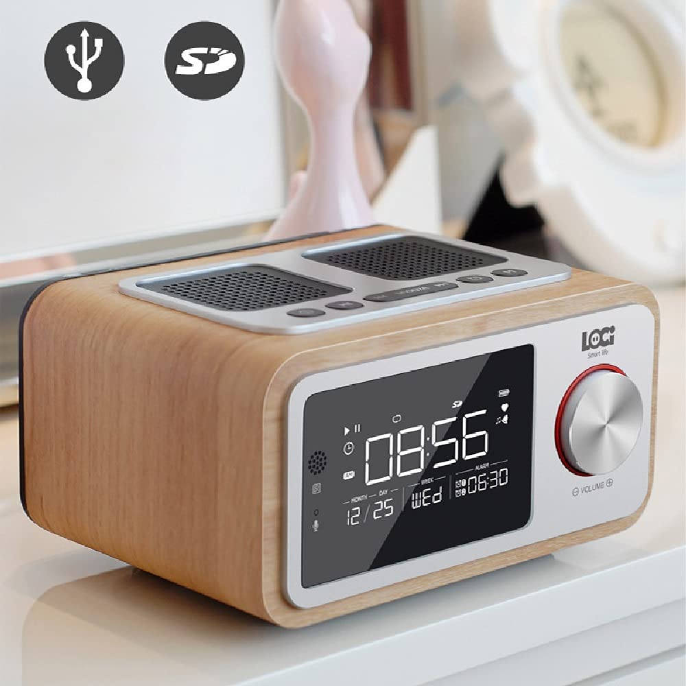 FM Digital Radio with Bluetooth - Wood Cabinet, Remote Control, Dual Alarm, AUX/USB/TF Card Playback, Timer & Digital Clock - Perfect for Bedroom, Office & Kitchen (Gray)