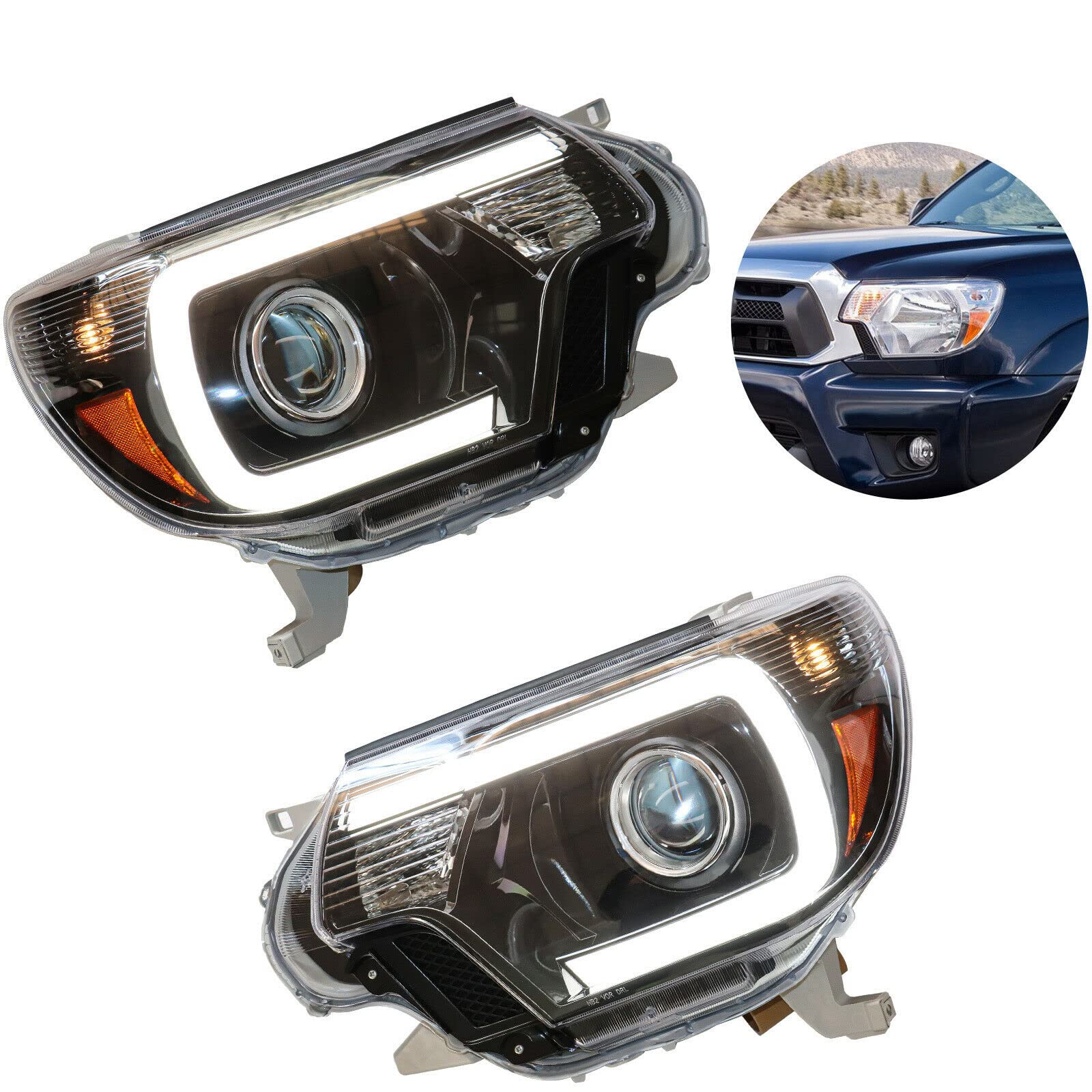 DNYSYSJ LED Headlight Assembly Compatible with Toyota Tacoma 2012-2015 - Black Housing, Clear Lens, DRL Bar (Left & Right) - OE Style Projector Headlights for Improved Night Visibility & Style Upgrade