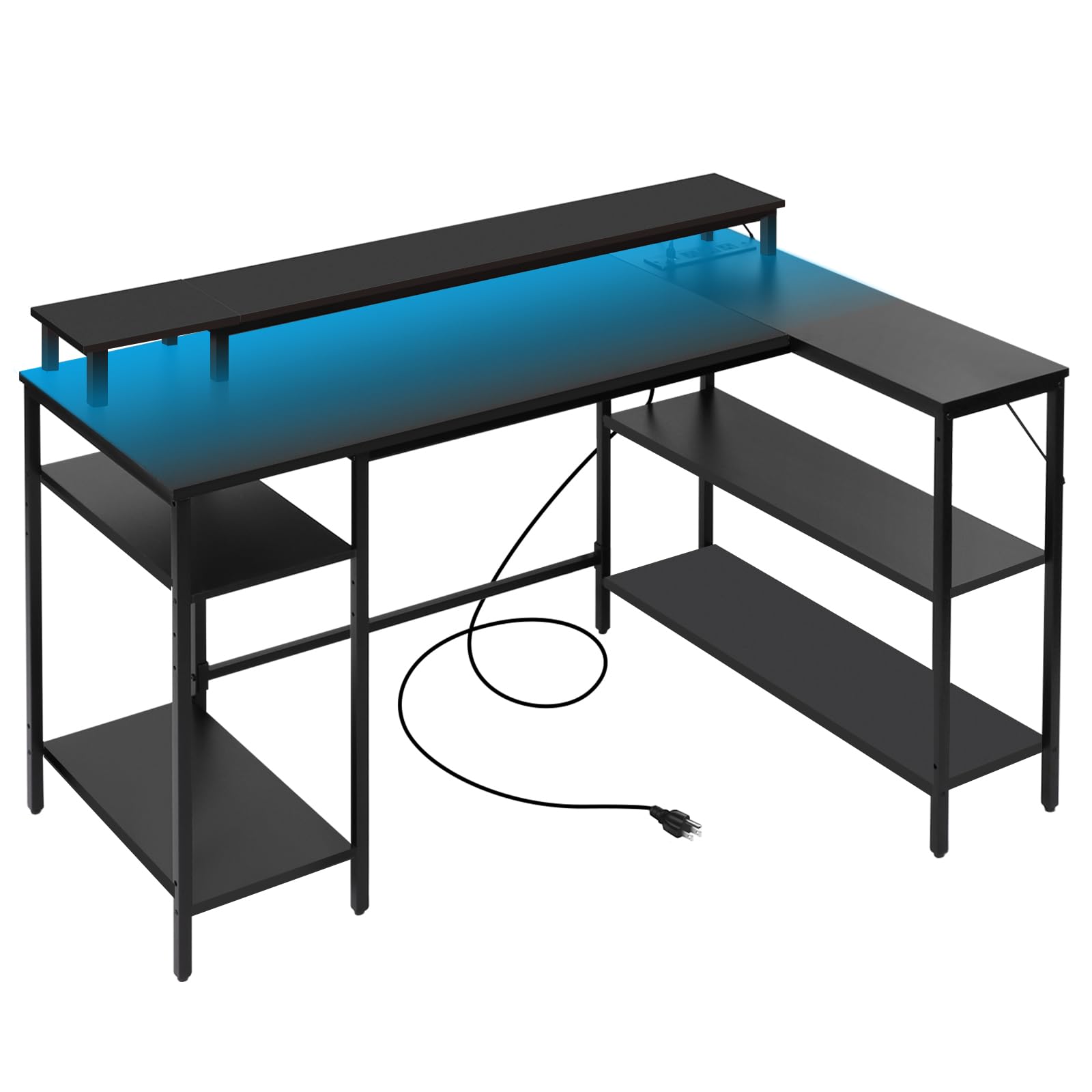 L-Shaped Computer Desk with LED Lights & Power Outlet - Reversible Corner Office Desk with Monitor Stand & Shelves - Gaming & Home Office Desk for Bedroom, Study Room & Small Spaces (Black)