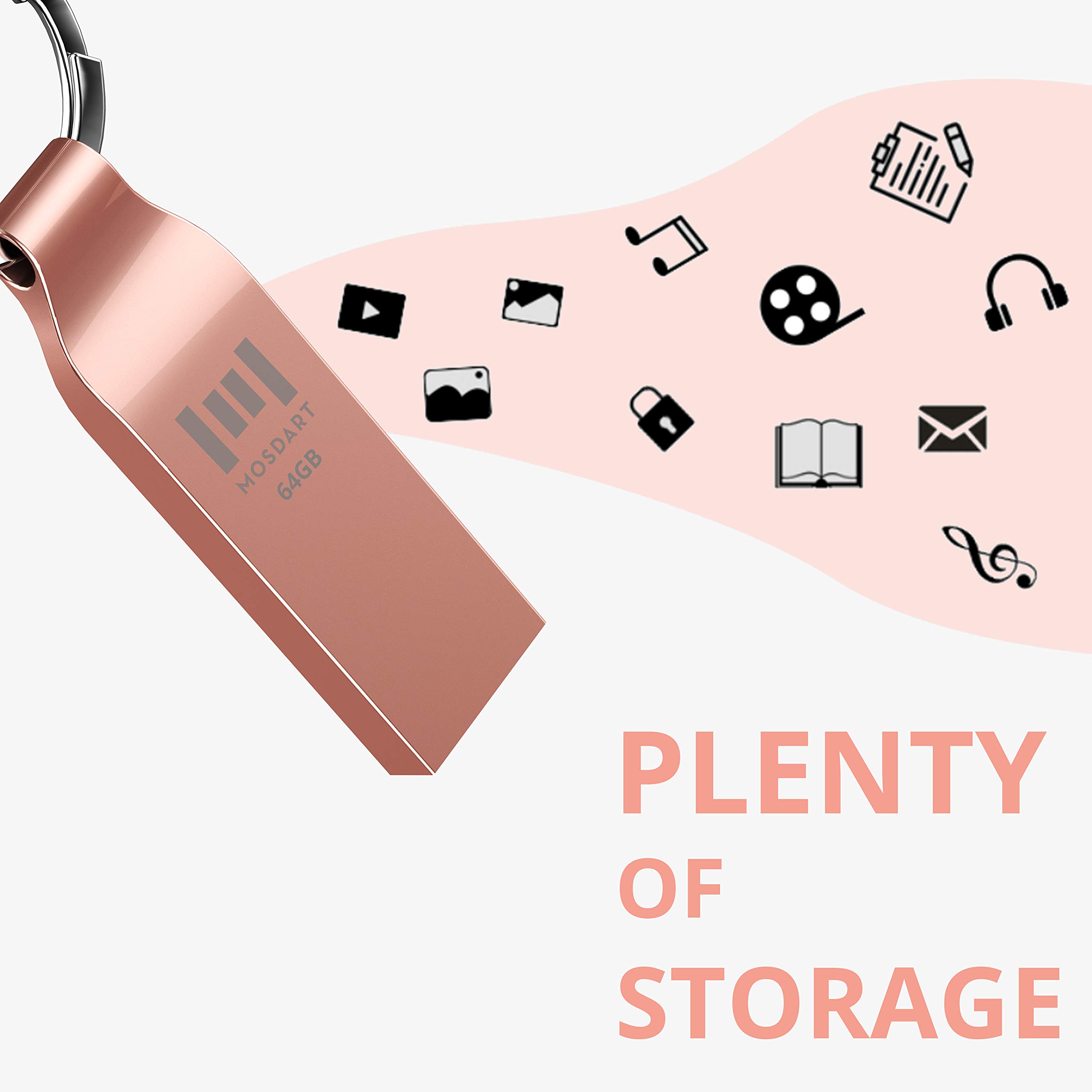 MOSDART 64GB Waterproof USB 2.0 Flash Drive - Metal Memory Stick with Keychain, exFAT Format for Windows/Mac, Rose Gold (2 Pack) - Perfect for System Backup, Data Storage & File Transfer at Home, Office or School
