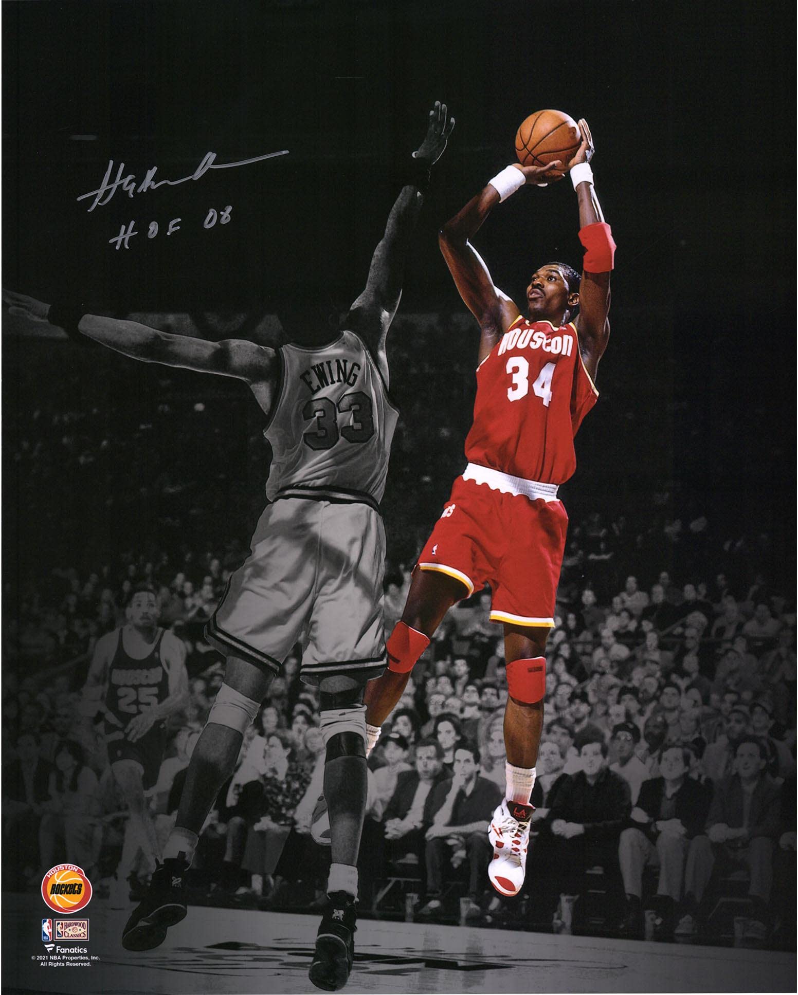 Hakeem Olajuwon Autographed Houston Rockets 16x20 Photo - Signed NBA Spotlight Shot over Patrick Ewing with 