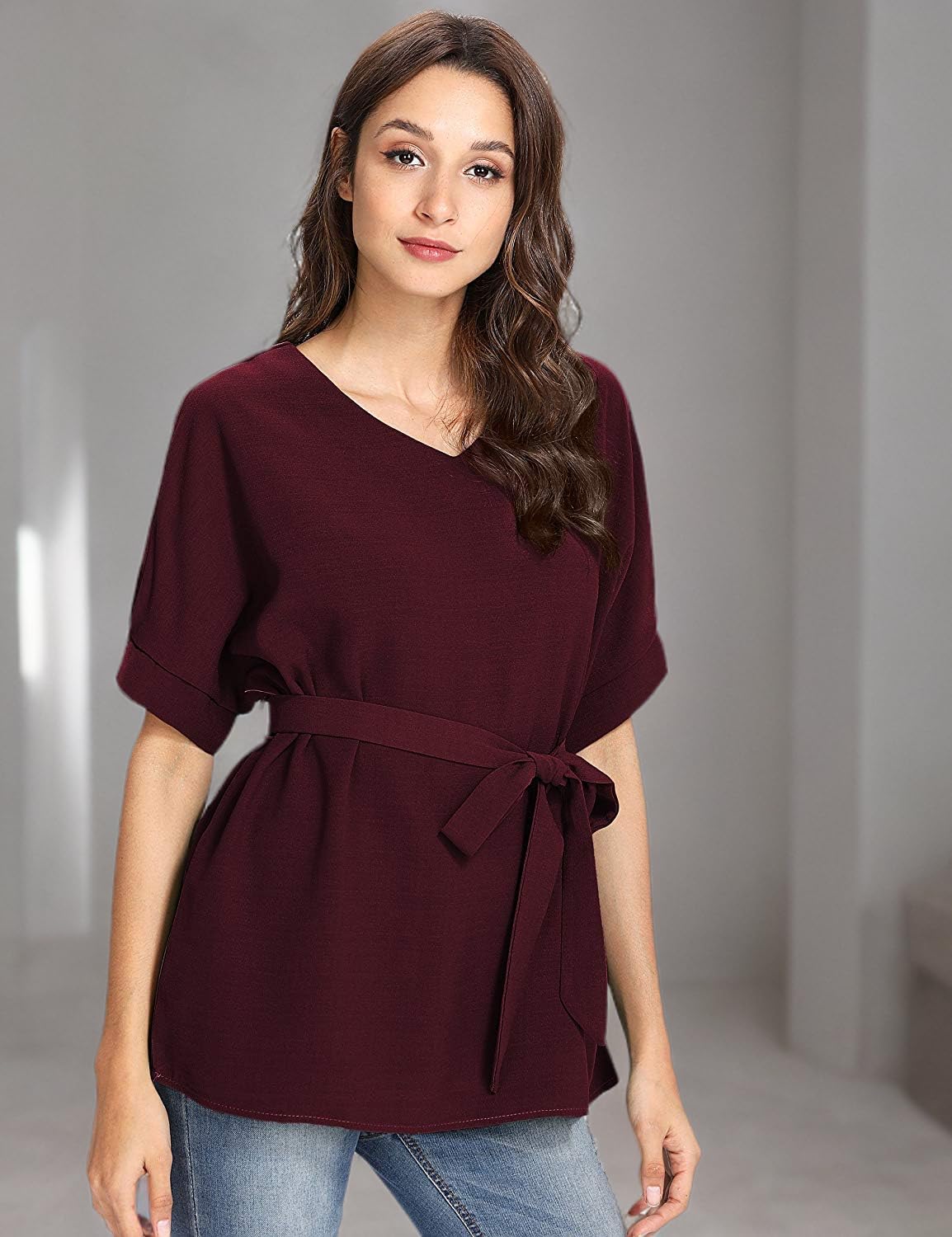Milumia Women's Casual V-Neck Self-Tie Short Sleeve Blouse Tunic Top | Office Work & Summer Outfit Essential