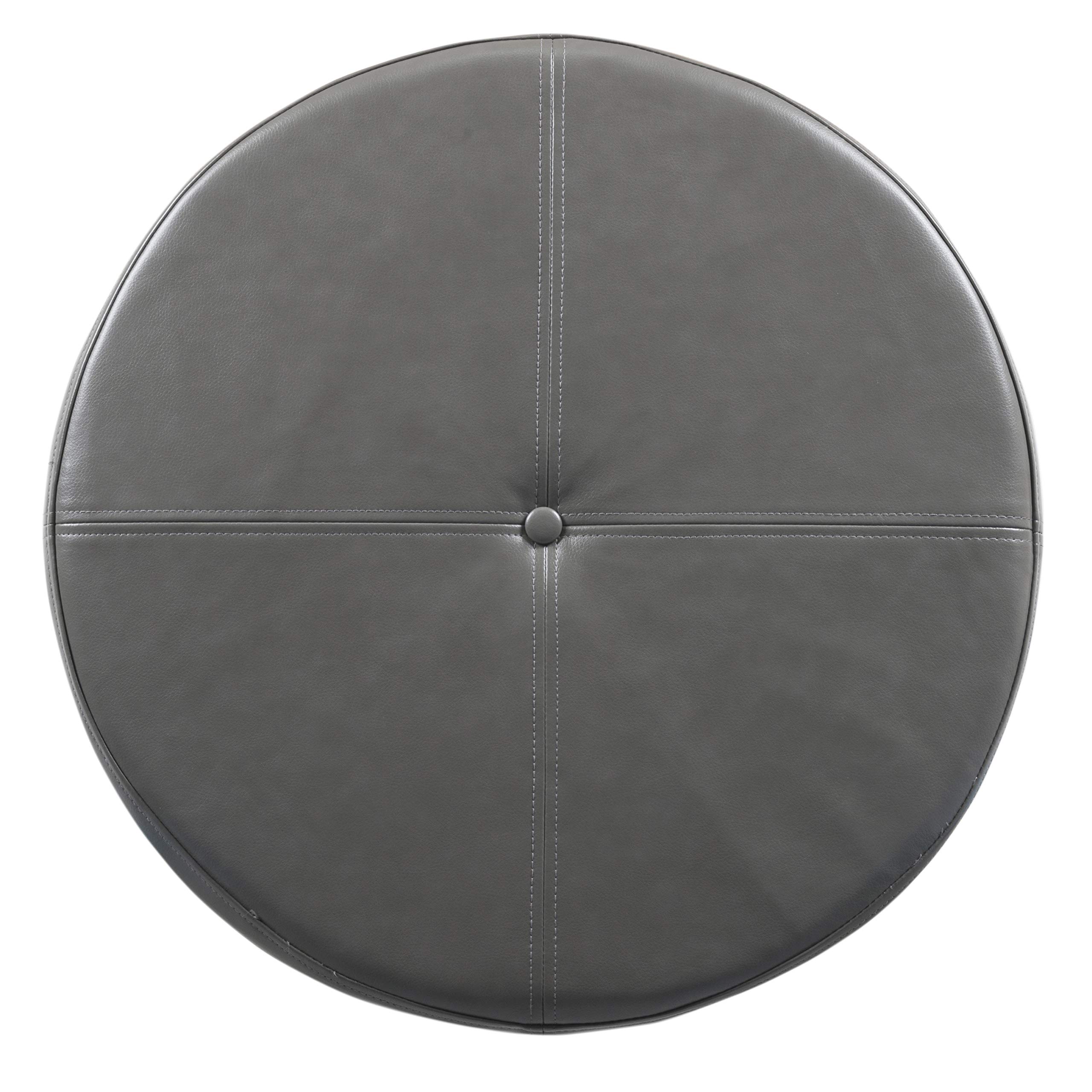 HomePop Large Round Leatherette Storage Ottoman with Lift-Top Lid - Charcoal Grey | Footrest, Coffee Table & Hidden Storage for Living Room, Bedroom & Office