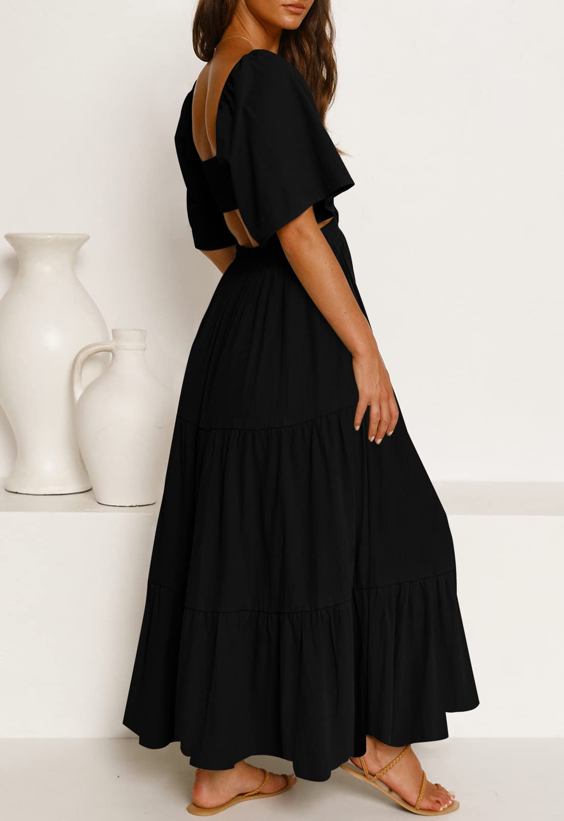 LEANI Women's 2025 Summer Cutout Maxi Dress - Square Neck Short Sleeve Crossover Waist Casual Party Dress for Beach Vacation, Wedding Guest & Date Night Outfits