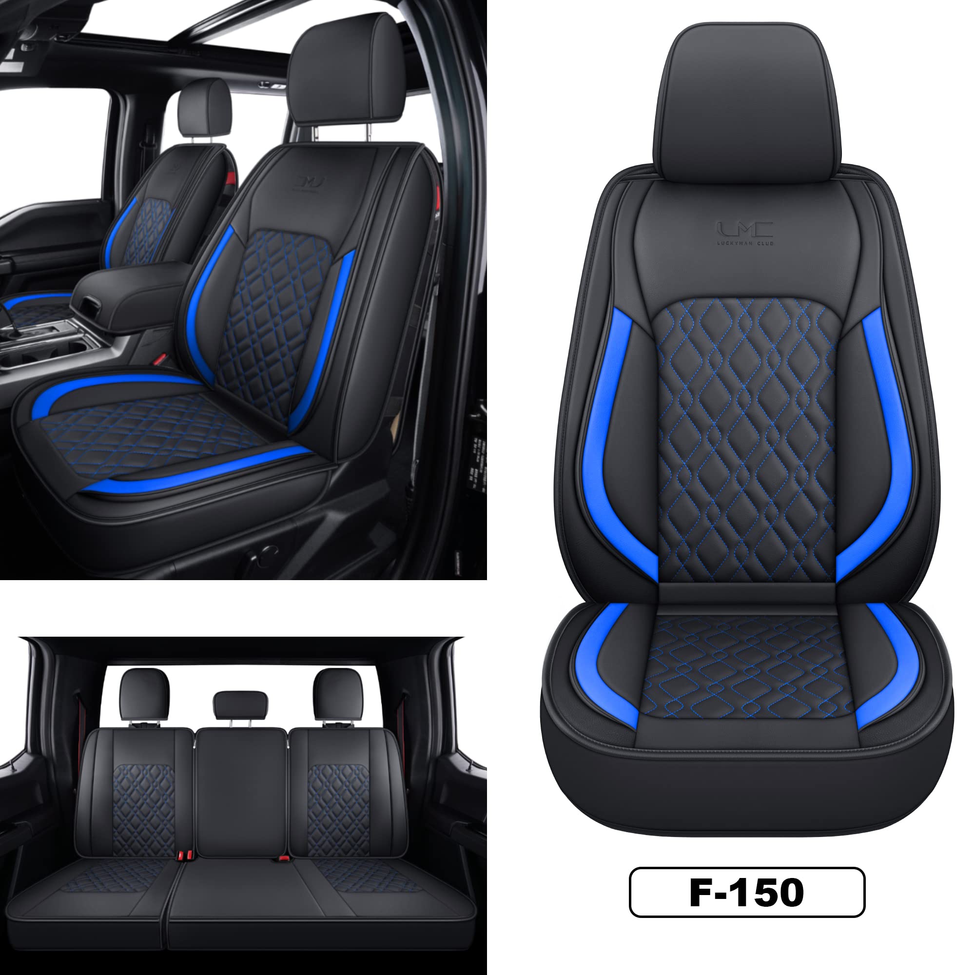 LUCKYMAN CLUB Premium Waterproof Faux Leather Seat Covers for Ford F150 (2015-2024) & F250/F350/F450 (2017-2024) - Full Set Black-Blue Design - Durable Protection for Trucks, Off-Roading & Daily Commute