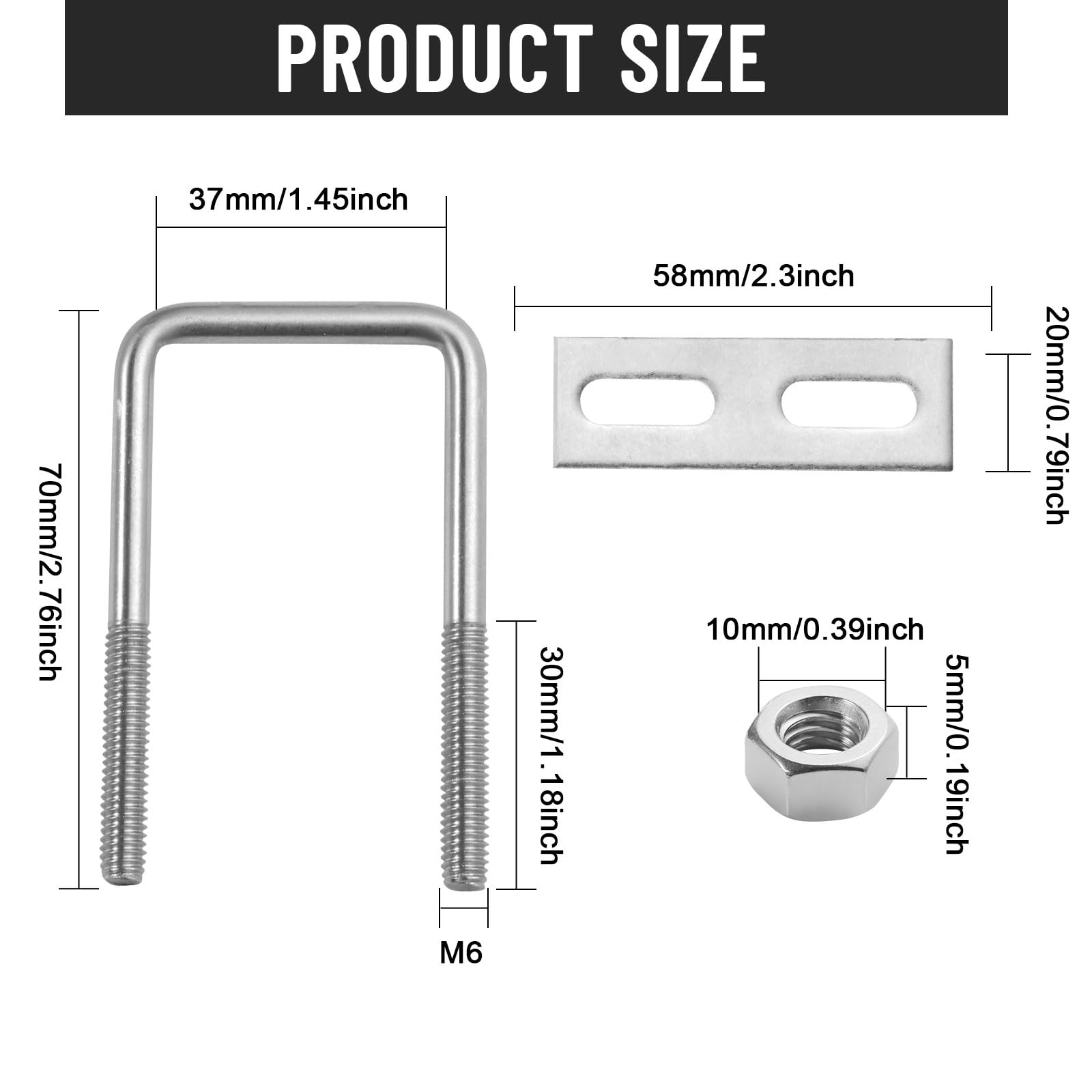 Polifish 6 Pack M6 x 35 x 70mm 304 Stainless Steel Square U-Bolts with Nuts & Washers - Heavy Duty Tie Down U Clamps for Auto, Trailer, Boat, RV, and Marine Applications - Rustproof Fasteners for Secure Cargo Transport