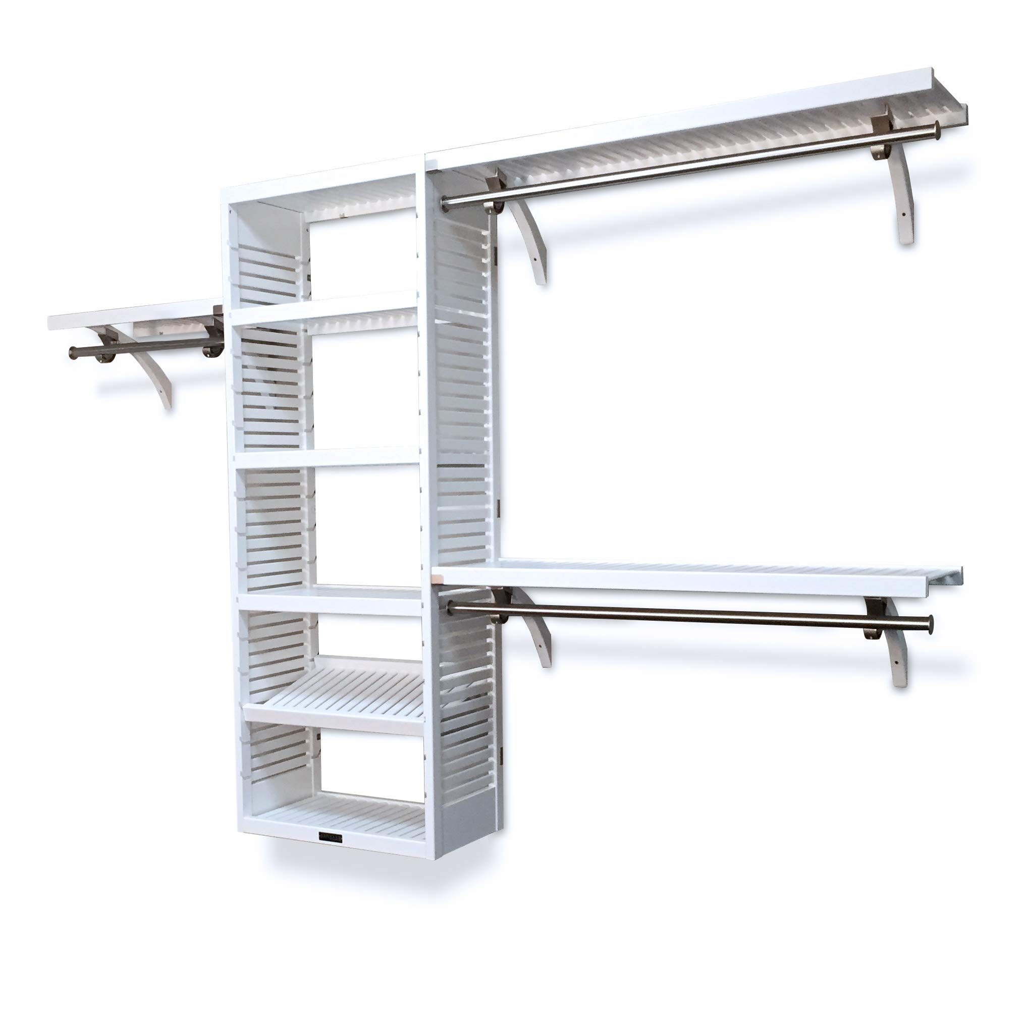 Wooden Closet Organizer System with Adjustable Shelves & Hanging Rods - Space Saving Wall Mounted Storage for Walk-in Closets - White Finish - Perfect for Bedroom, Dorm, Apartment Organization