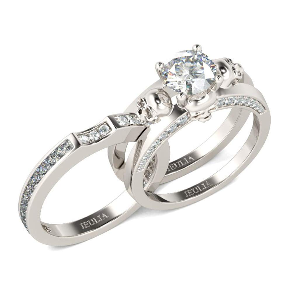 Jeulia 2.5 Carat Sterling Silver Skull Wedding Ring Set for Women - Round Cut Cubic Zirconia Engagement & Promise Band - Interchangeable CZ Solitaire Rings with Gift Box - Perfect for Gothic Weddings, Anniversary Gifts & Alternative Fashion Jewelry