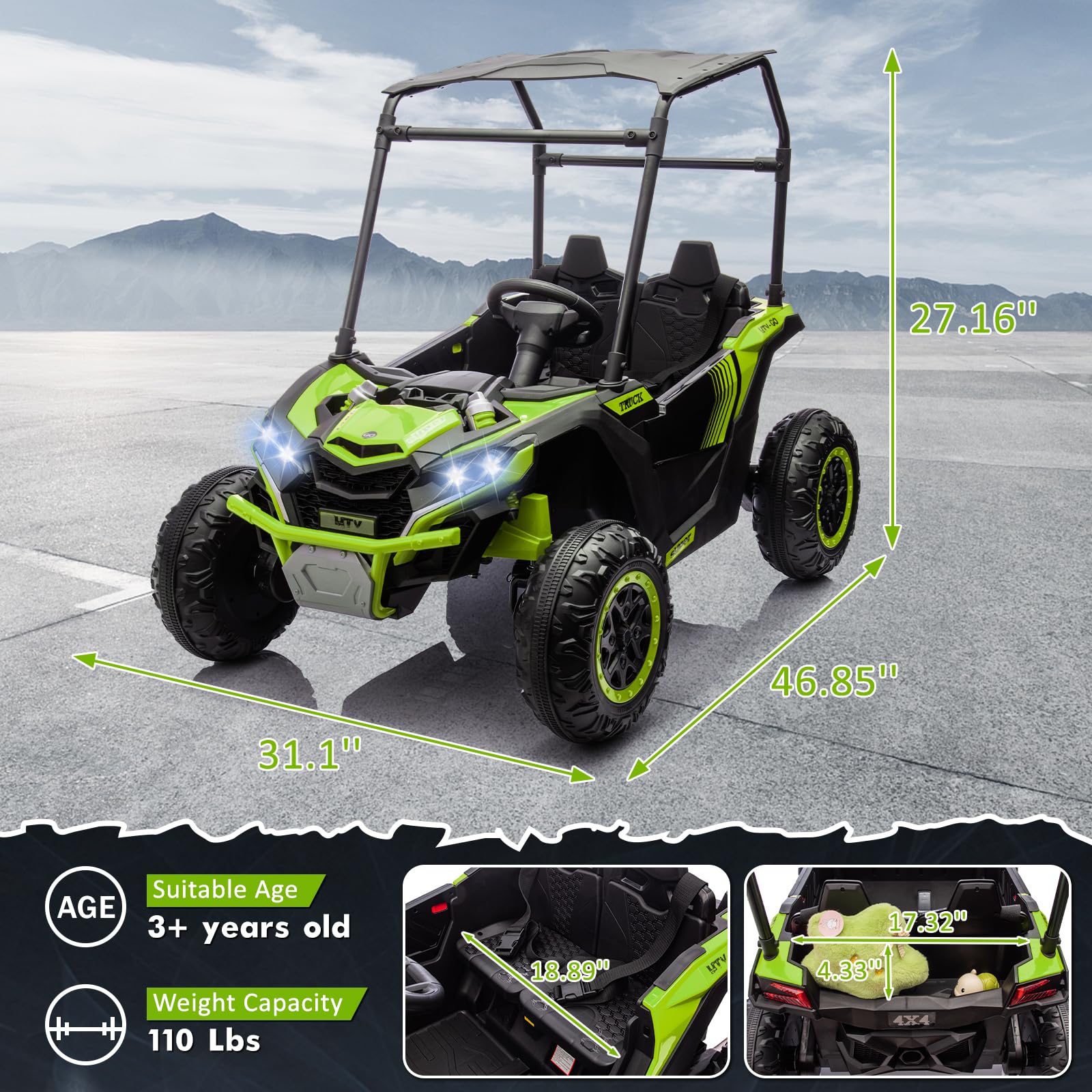 GARVEE 24V Kids Ride On UTV - 2 Seater Electric Toy Truck with Sun Shade, 4WD, Remote Control, LED Lights & Shock Absorbers | One-Click Start & Music Player | Perfect for Outdoor Play, Backyard Adventures & Birthday Gifts (Green)