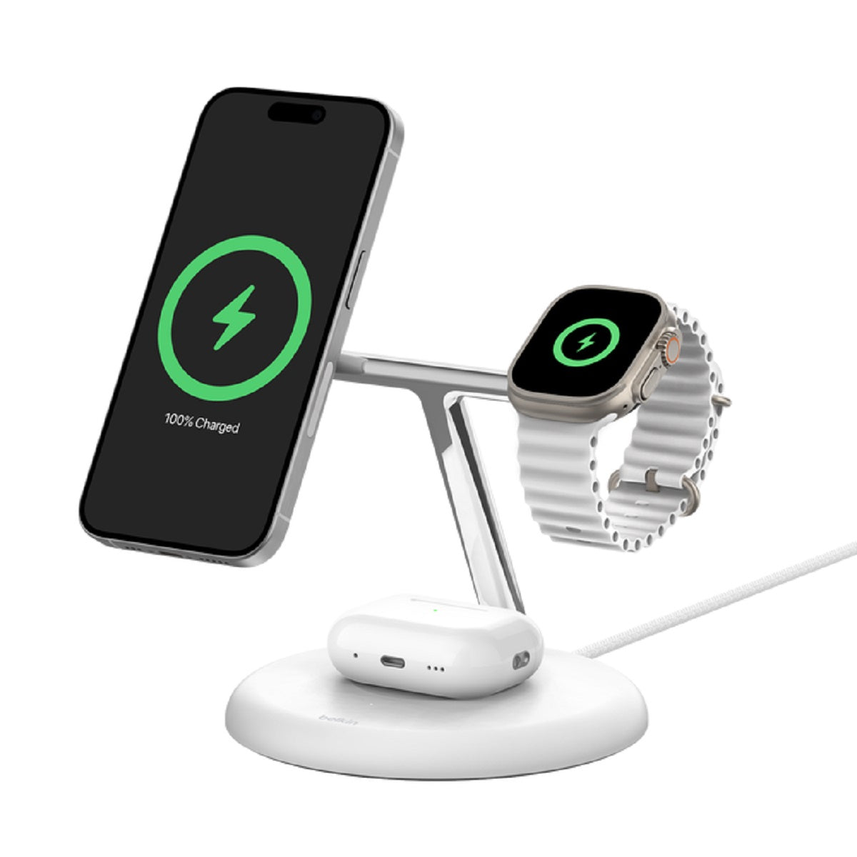 Belkin BoostCharge Pro Qi2 3-in-1 Wireless Charging Stand - 15W Fast Charging for iPhone, Android & AirPods - Perfect for Home, Office & Nightstand Use