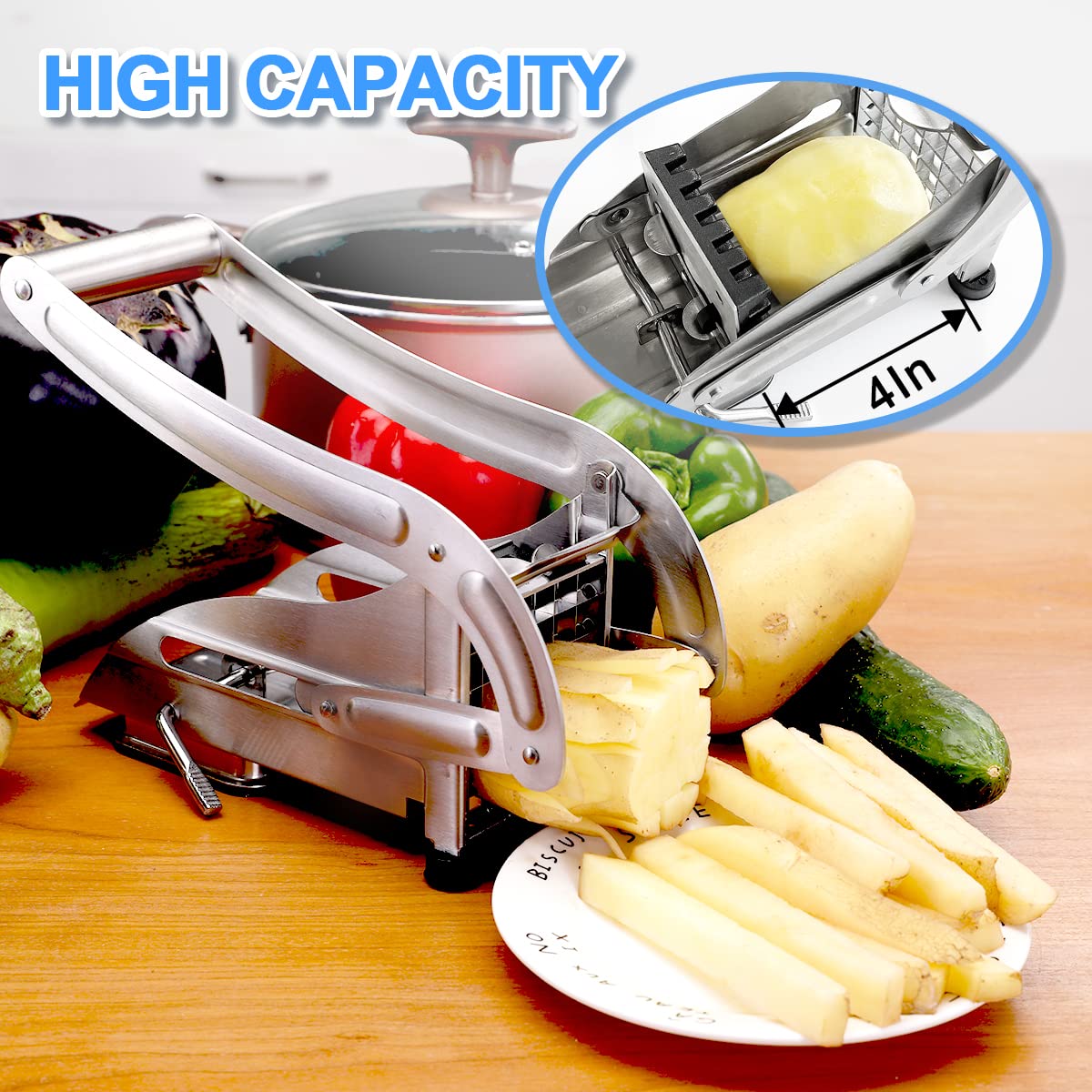 Professional Stainless Steel French Fry Cutter with 2 Blades - Heavy Duty Potato Slicer for Perfect Homemade Fries - Ideal for Restaurants, Home Kitchens & Fast Food Prep