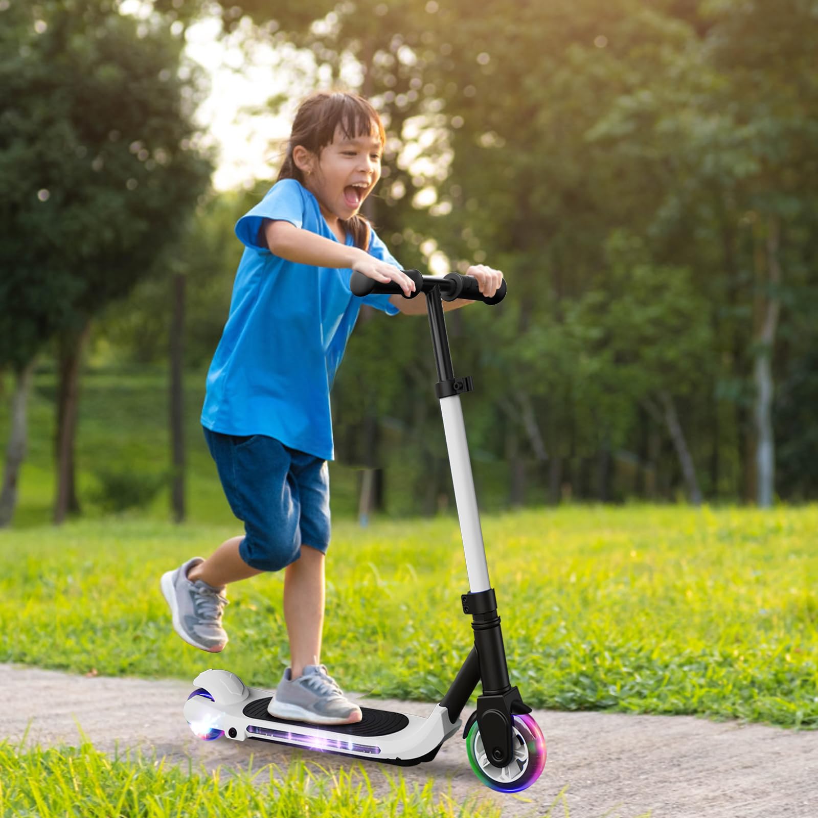 KHHK Kids Electric Scooter - 5 Inch Solid Rubber Tires, Adjustable Height, 60W Motor, 8 km/h Max Speed - Perfect for Commuting to School & Neighborhood Rides