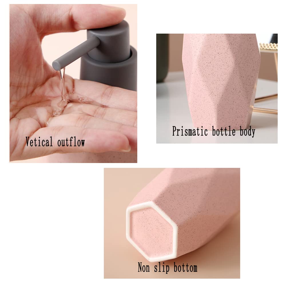 Nordic Style Prismatic Ceramic Soap Dispenser - 250ML Decorative Liquid Soap & Lotion Pump for Bathroom, Kitchen Countertop - Elegant Pink Home Decor (Perfect for Farmhouse, Modern & Scandinavian Style Homes)