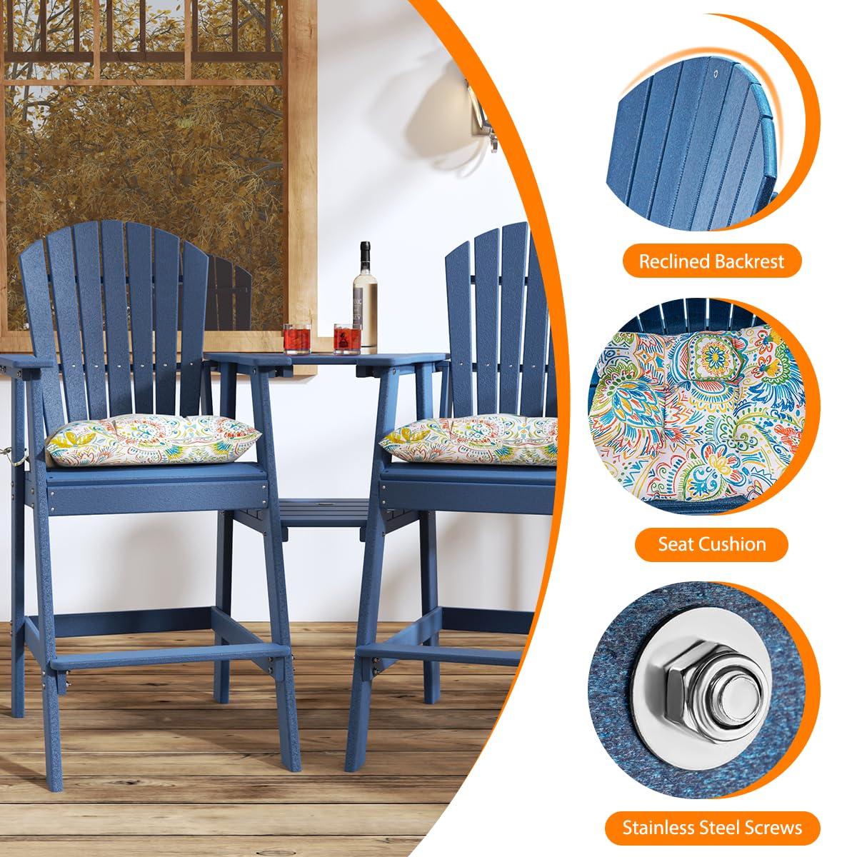Sundale Outdoor 3-Piece Adirondack Bar Set with Patio Umbrella Table & 2 Counter-Height Bar Chairs - Navy Blue HDPE Pub Table & Stools w/ 2 Umbrella Hole Caps | Perfect for Backyard, Deck, Poolside & Outdoor Dining