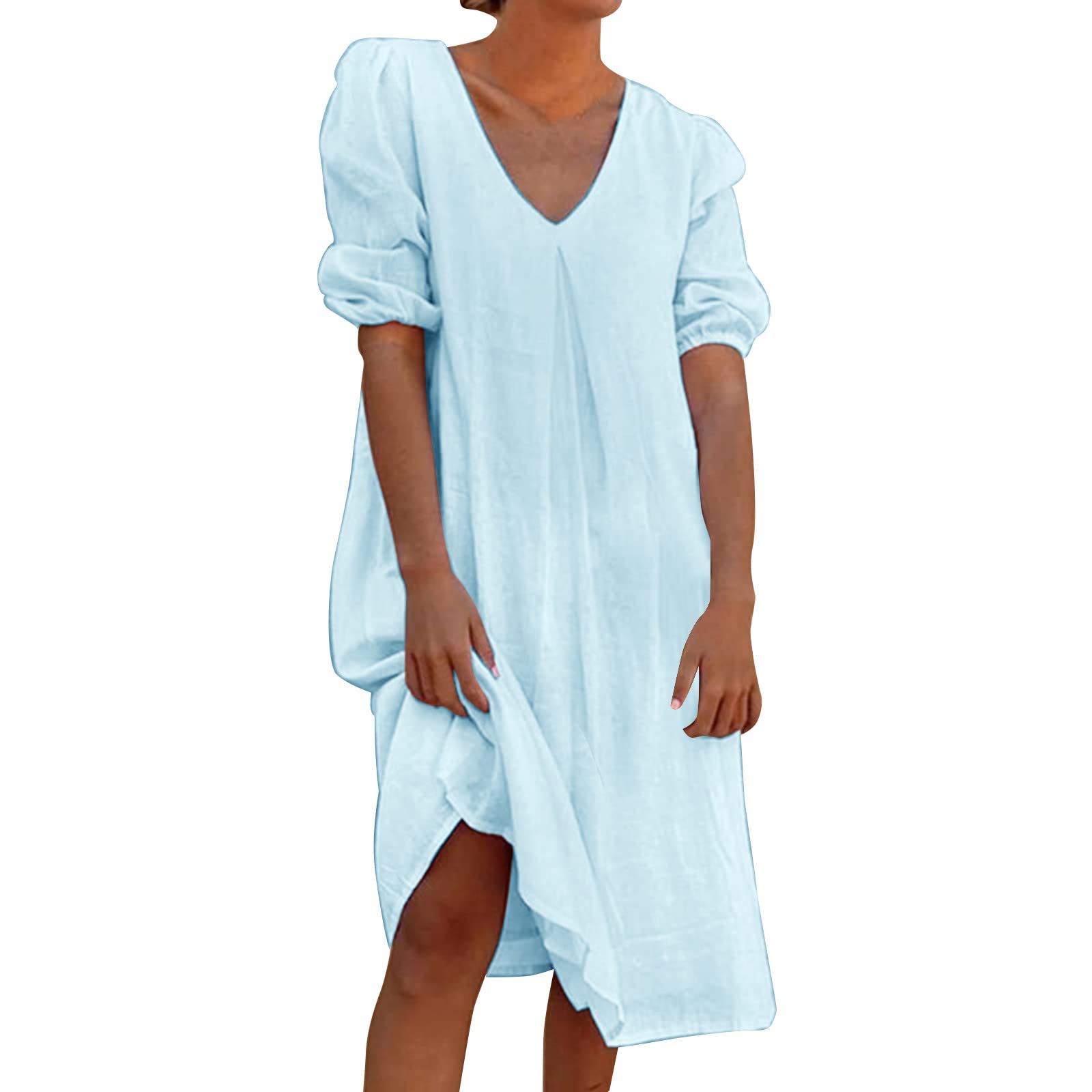 Smileyth Women's Summer Casual V-Neck Half Sleeve Flowy Maxi Dress - Light Blue M | Elegant Loose Tunic Swing Dress for Beach, Vacation & Everyday Wear