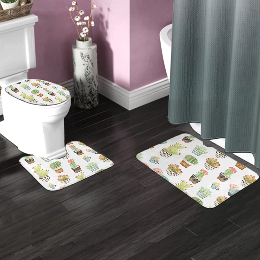 WONDERTIFY Non-Slip Bathroom Rug Set - 3 Piece Cactus Succulent Flower Design (Bath Mat, Contour Mat & Toilet Lid Cover) for Bathroom Decor & Safety
