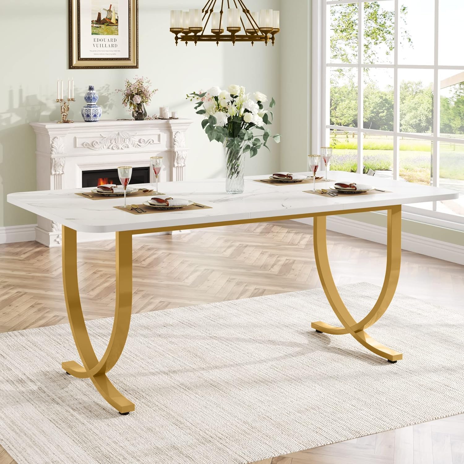 Tribesigns 63-Inch White and Gold Modern Rectangular Dining Table for 4-6 People - Faux Marble Table Top with Sturdy Metal Legs - Perfect for Dining Room, Kitchen or Living Room - Ideal for Family Meals, Entertaining Guests & Home Office Workspace