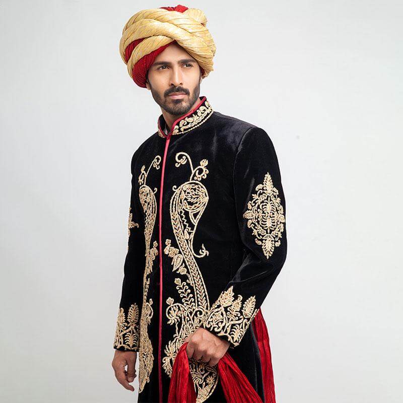 Jet Black Velvet Sherwani for Men - Slim Fit Indian Wedding Suit | Perfect for Groom, Groomsmen & Special Occasions
