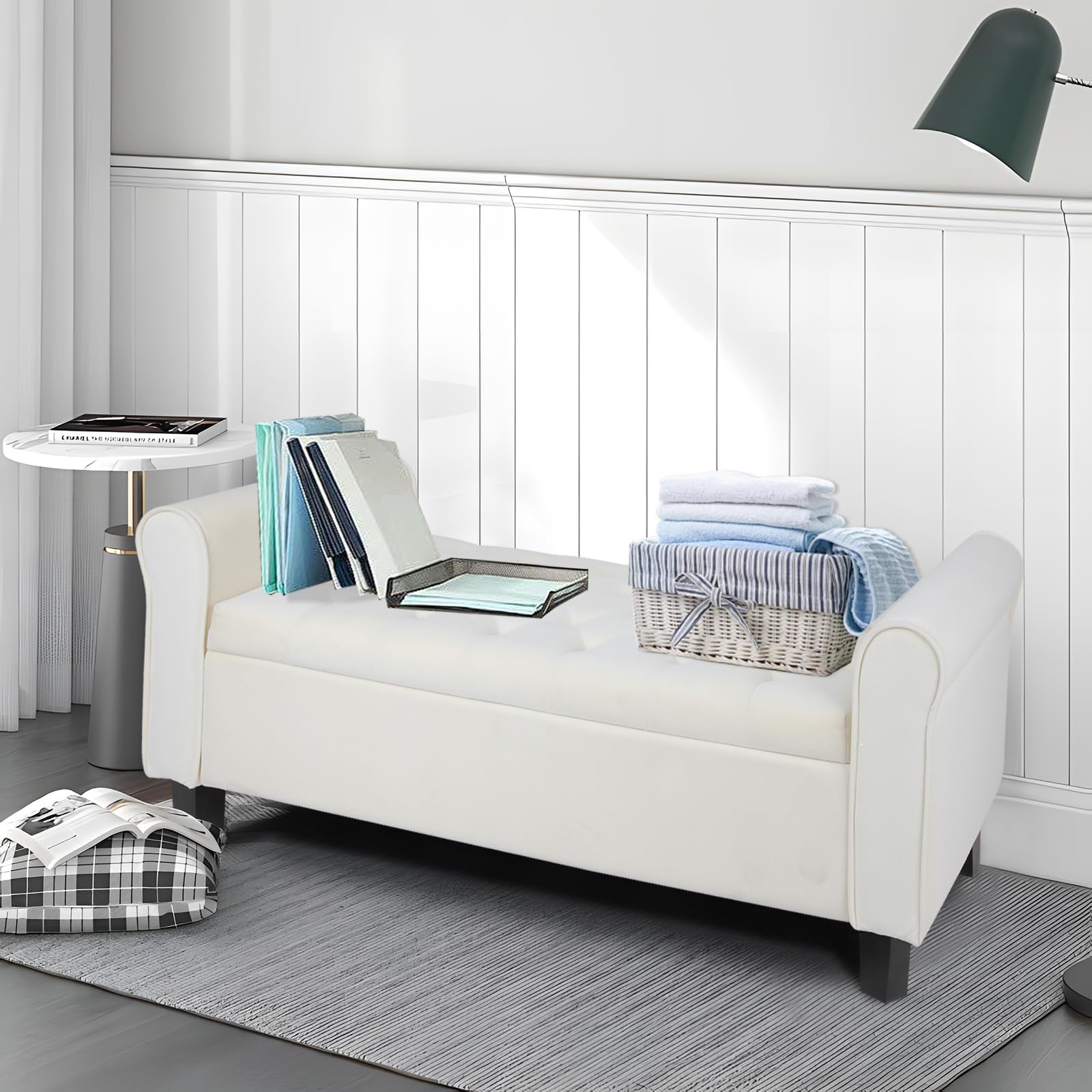 Upholstered Storage Ottoman Bench with Rolled Arms - Bedroom, Living Room & Entryway Furniture - Perfect for Bed End, Hallway Seating & Home Organization
