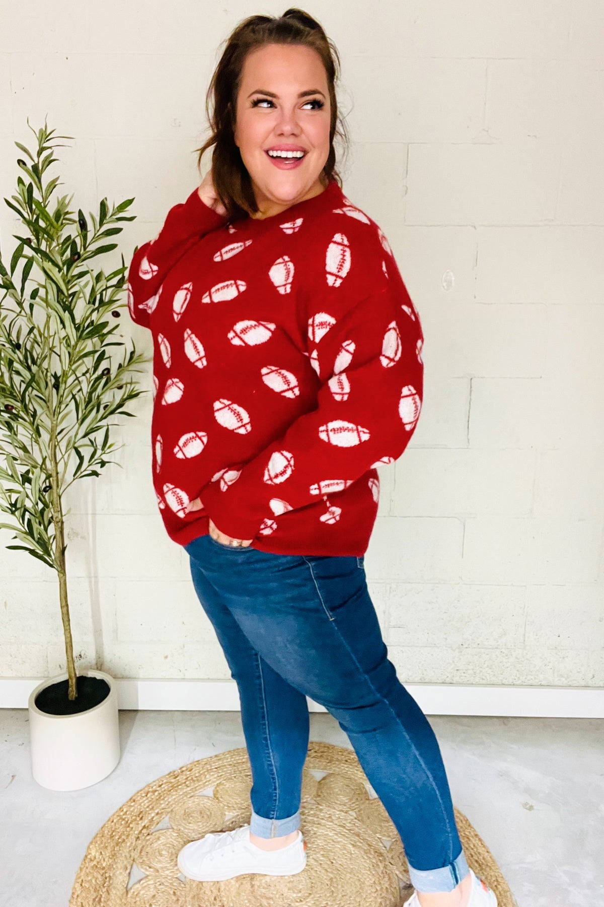 Game Day Red Football Print Jacquard Knit Sweater for Men - Cozy Team Spirit Pullover for NFL Fans, Tailgating & Winter Sports