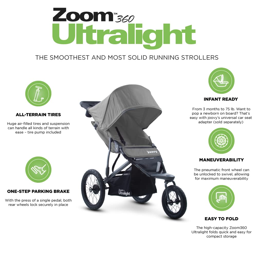 Joovy Zoom360 Ultralight Jogging Stroller - Lightweight Baby Stroller with High Child Seat, Shock-Absorbing Suspension & Large Air Tires for Smooth Ride | Includes Parent Organizer, Air Pump | Easy One-Hand Fold | Perfect for Running, Walking & Outdoor Adventures (Charcoal)
