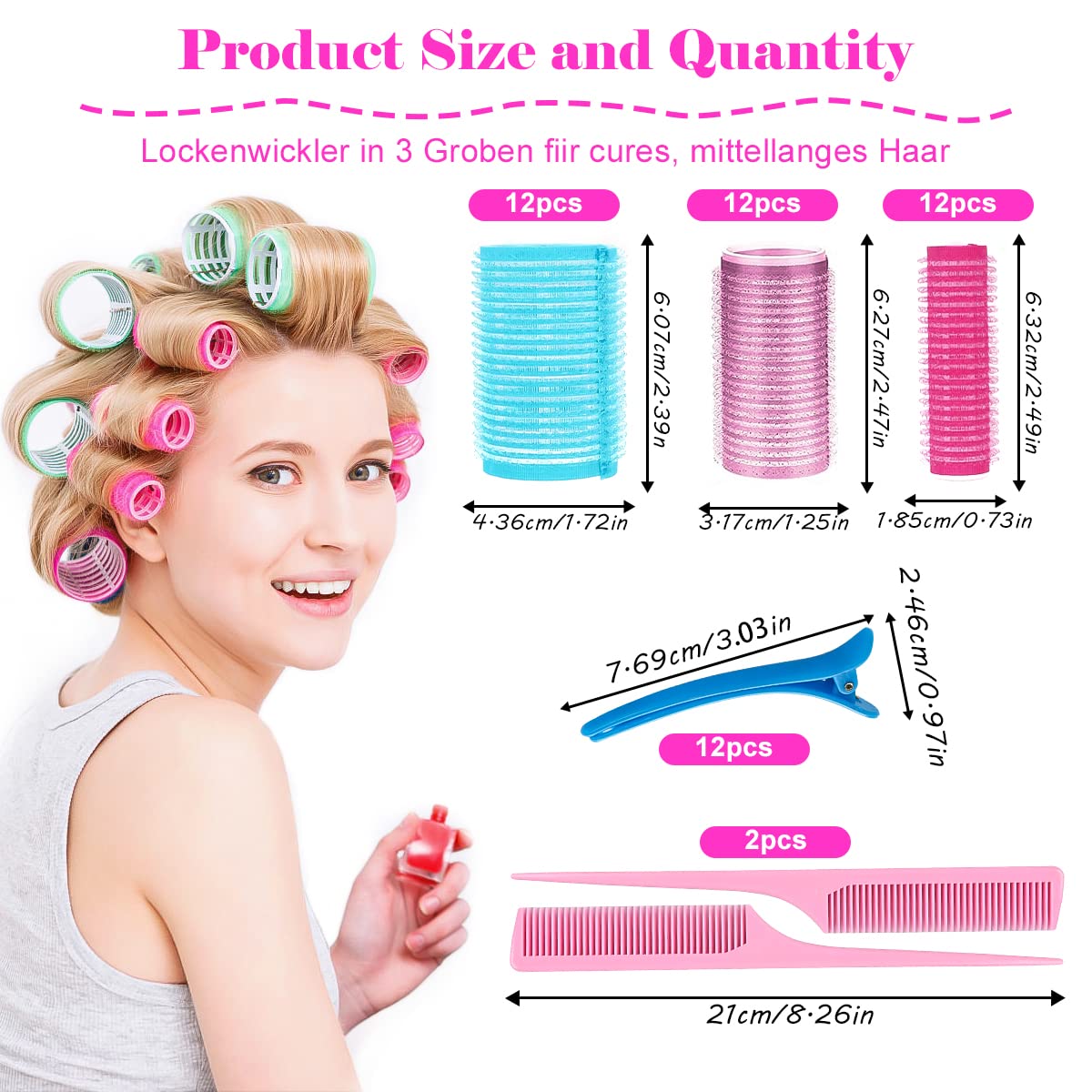 Encuryna 50-Pack Self-Adhesive Hair Rollers Set - No Heat Curling Rollers with Comb & Duckbill Clips for Women - Salon & Home Hair Styling - Perfect for Creating Natural Curls, Waves & Volume