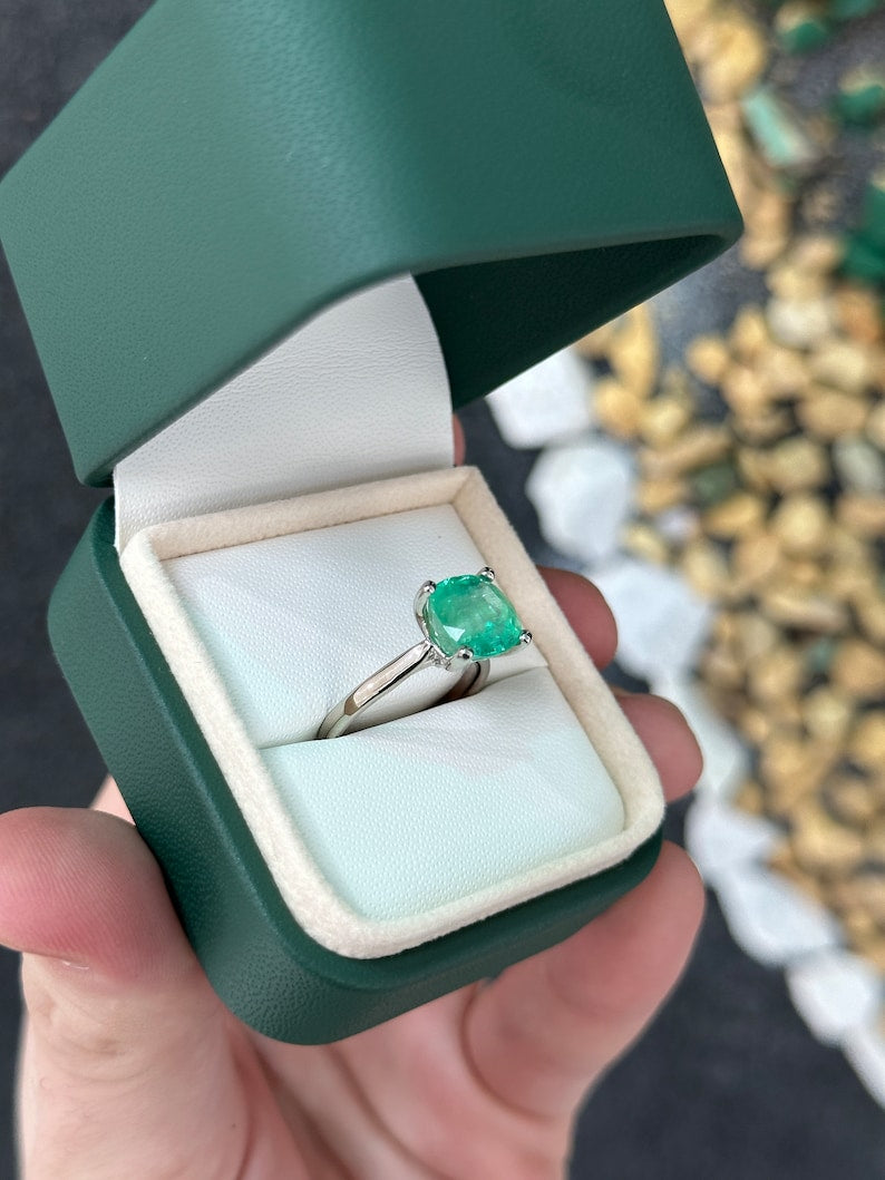 4.0ct Natural Emerald Engagement Ring 14K White Gold Cushion Cut Solitaire Ring for Women - Perfect for Proposals, Anniversaries & Special Occasions
