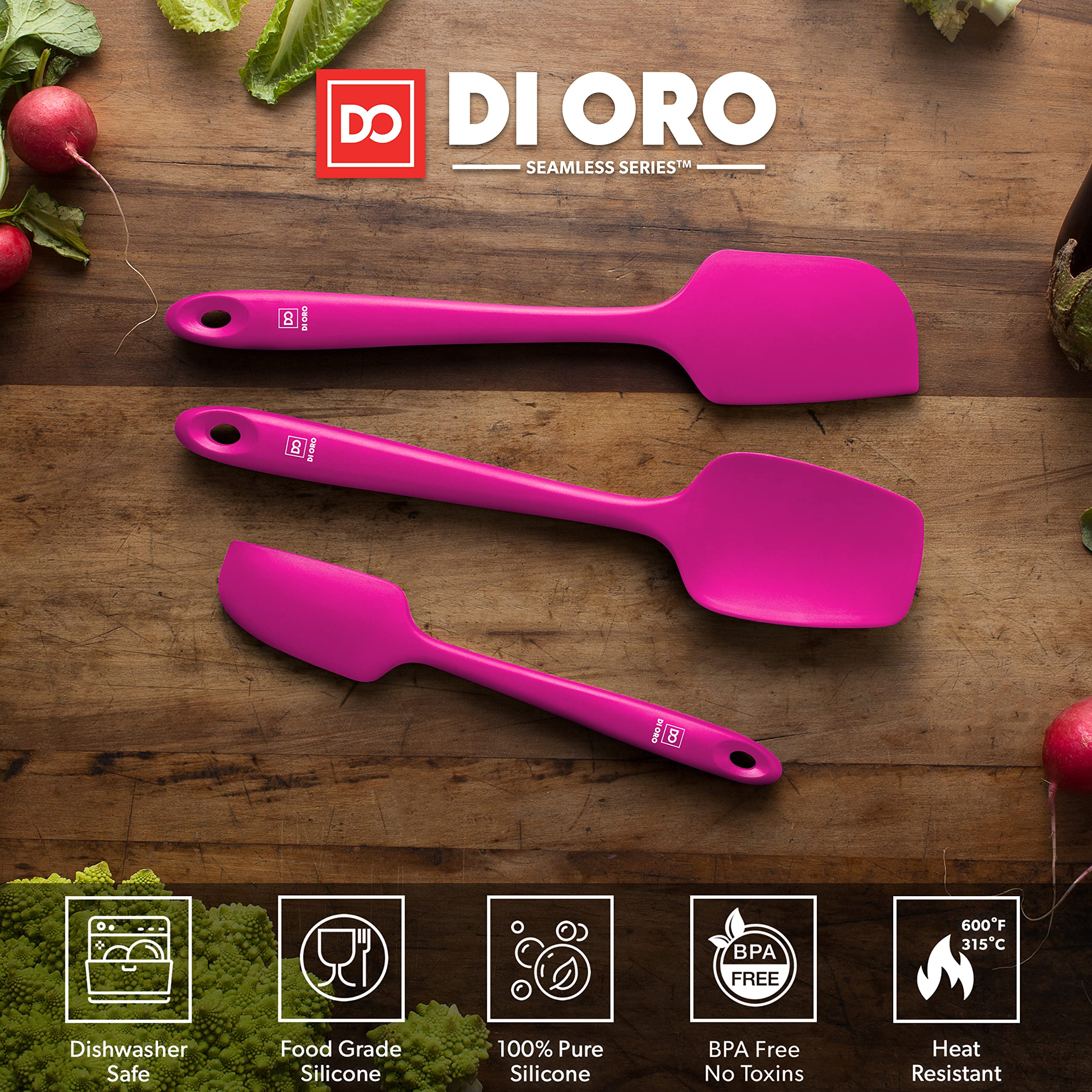 DI ORO Premium Silicone Spatula Set - 3-Piece Heat-Resistant Kitchen Utensils for Baking, Cooking & Mixing - BPA-Free Rubber Spatulas for Nonstick Pans (600°F Safe, Dishwasher Friendly, Magenta) - Perfect for Cake Decorating, Cookie Dough Mixing & Sauce Stirring