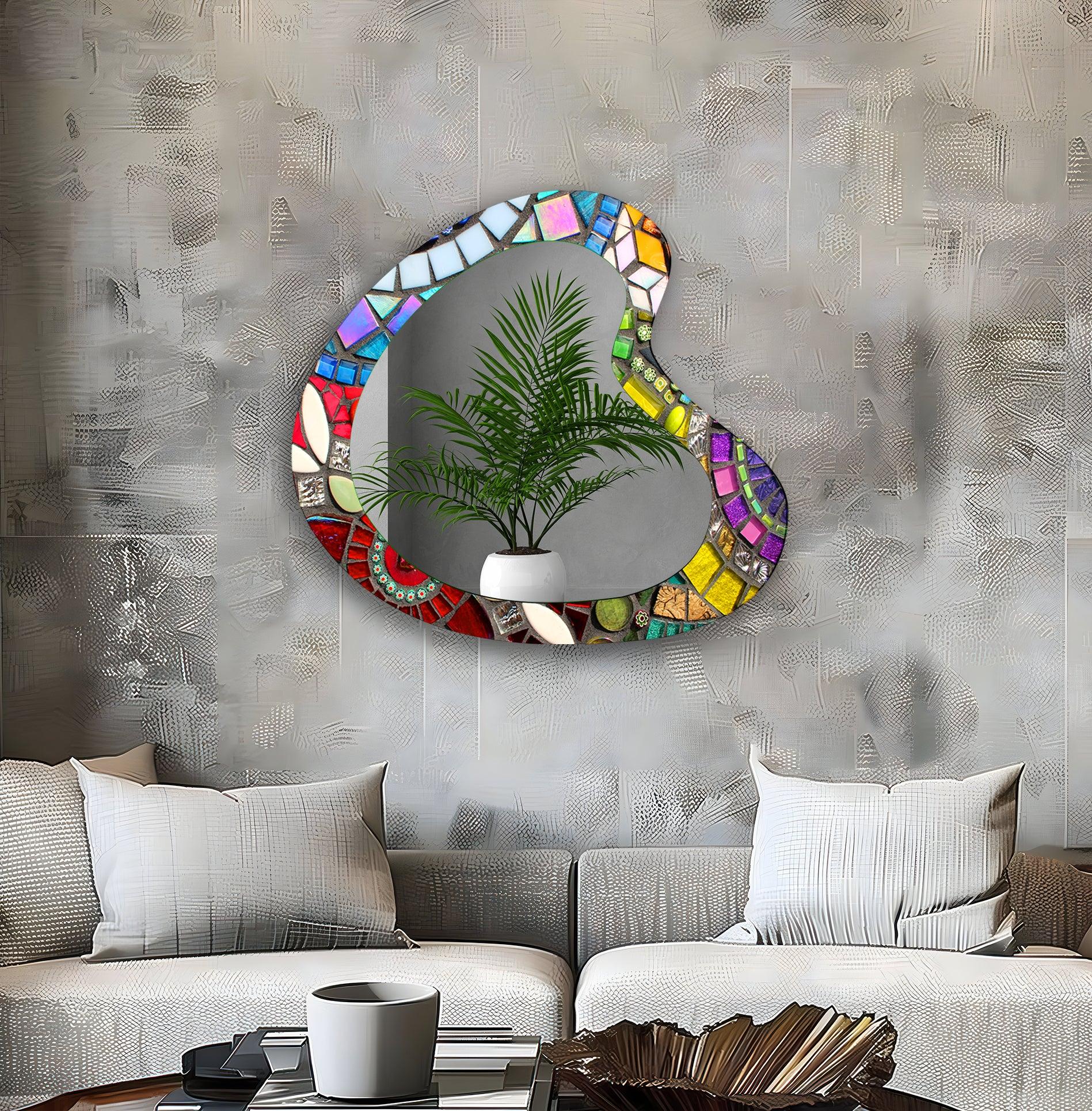 Vibrant Mosaic Asymmetrical Glass Wall Mirror - Unique Handmade Home Decor for Living Room, Bedroom, or Entryway