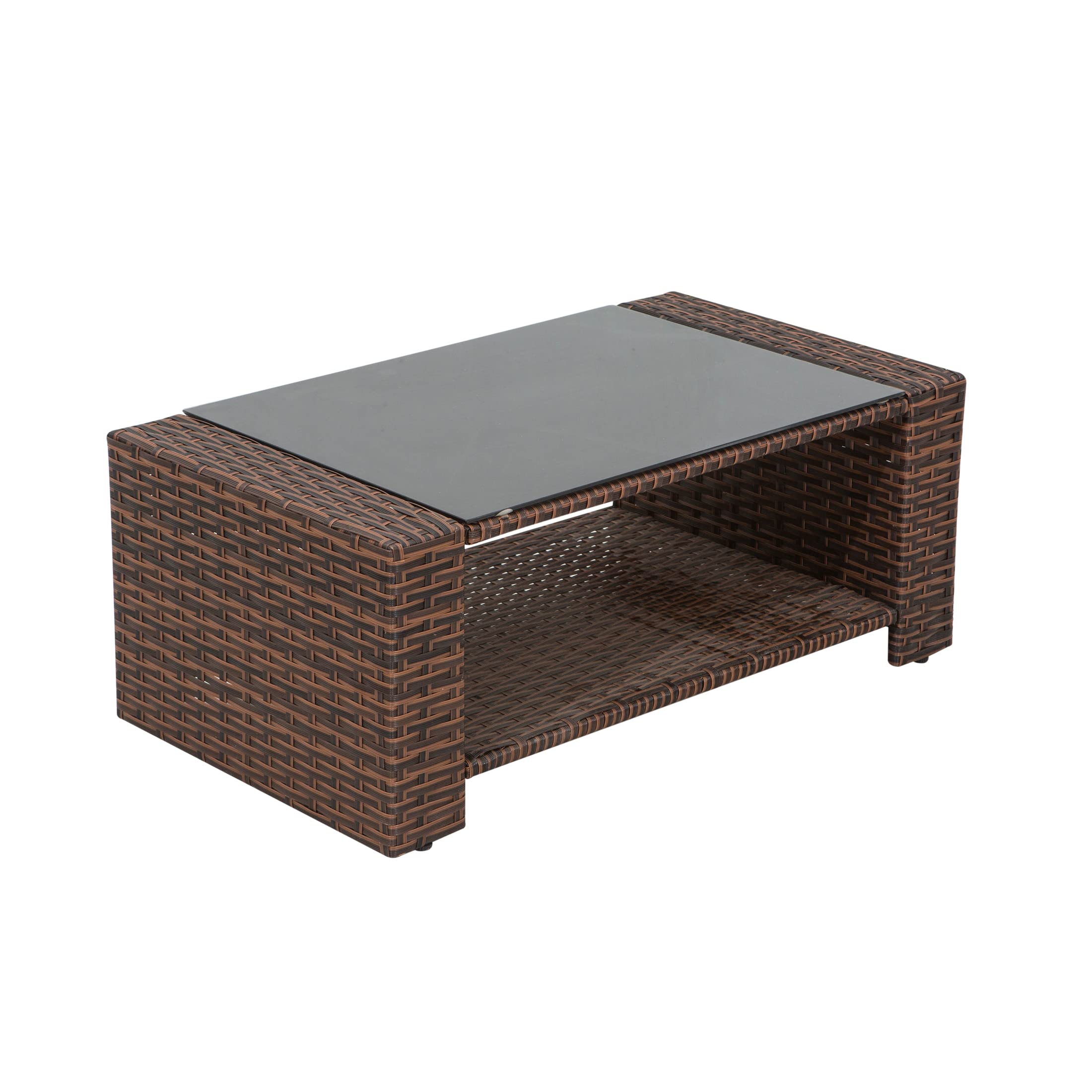 WO Home Furniture 4-Piece Patio Conversation Set - Brown Rattan Wicker Sofa, Chairs & Coffee Table with Navy Blue Pillow Cushions - Outdoor Garden, Backyard, Poolside Lounge Furniture Set for Relaxing & Entertaining