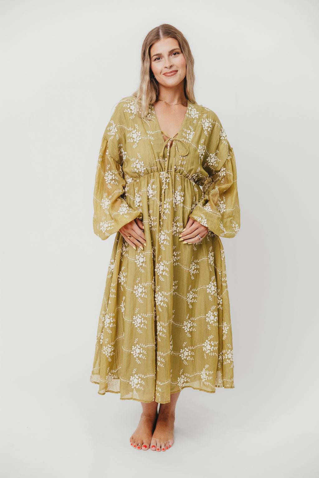 Rossi Women's Embroidery Long Sleeve Midi Dress - Floral Lace Boho Style Moss Green Dress for Fall/Winter, Perfect for Weddings, Parties & Office Wear