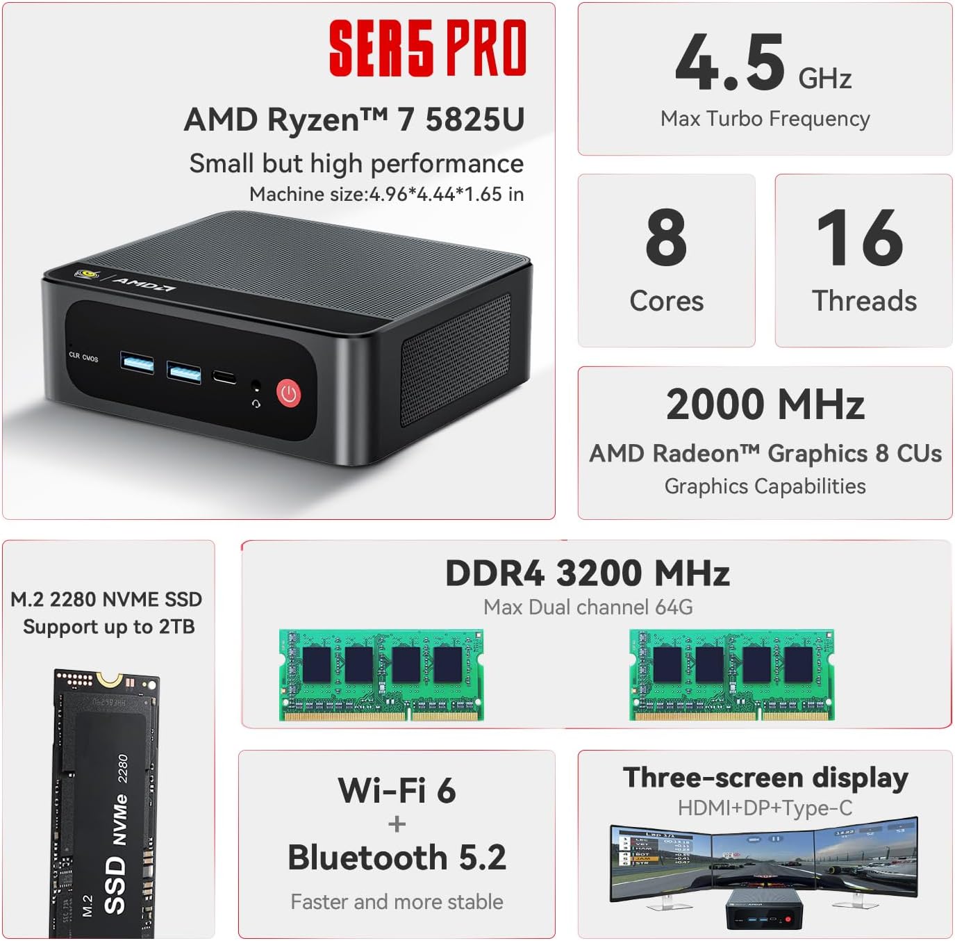 Beelink SER5 Pro Mini PC - AMD Ryzen 7 5825U 8-Core Processor, 16GB DDR4 RAM, 500GB NVMe SSD, 4K@60Hz Triple Display, WiFi 6, BT 5.2 | Compact Gaming & Home Theater PC for Work, Entertainment & Light Gaming