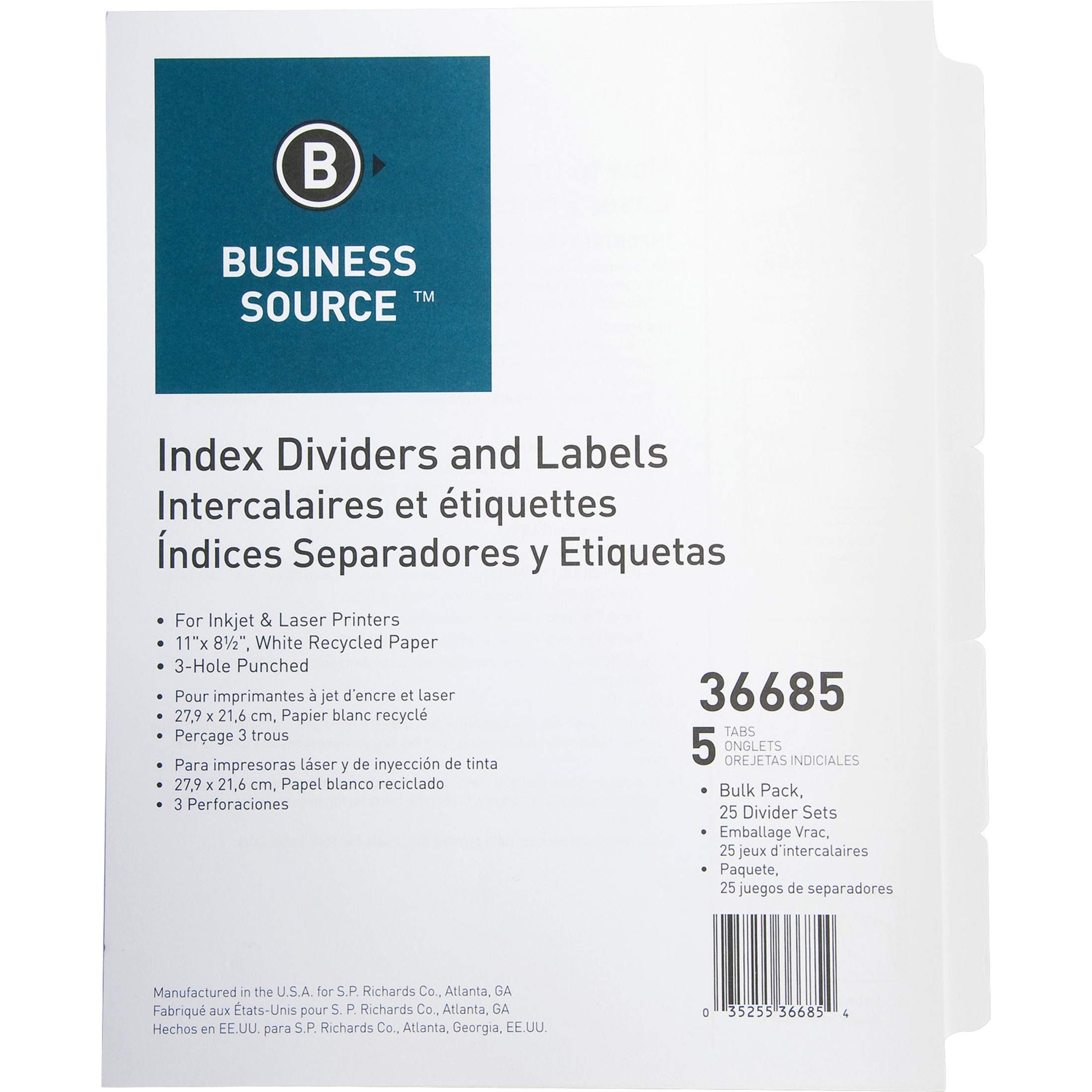 Business Source Punched Laser Index Dividers - 5 Blank Tabs (36685) | Perfect for Office Filing, Document Organization & Binder Dividers