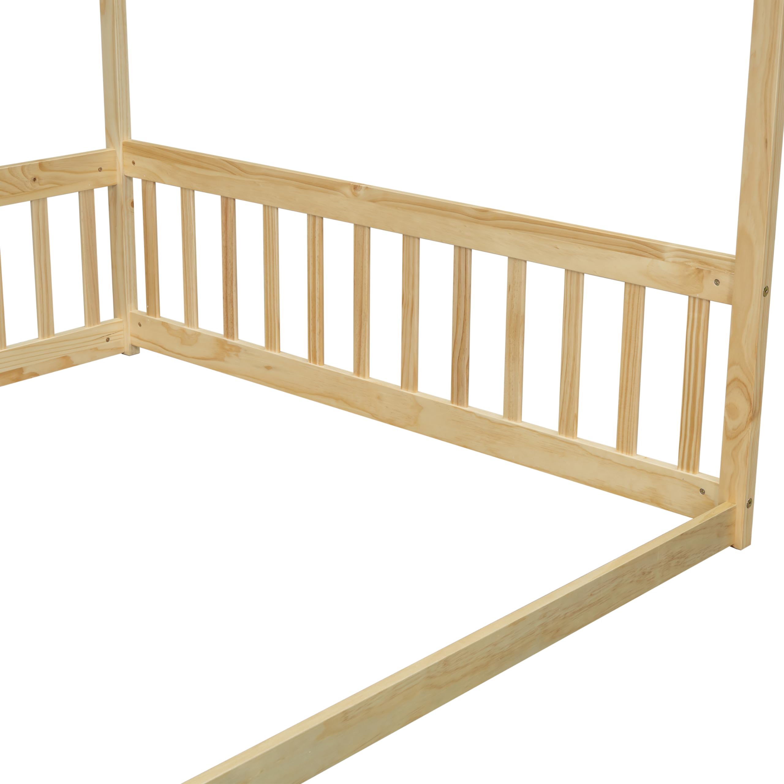 Montessori Full Size Canopy Bed Frame with Guardrails for Kids - Solid Wood Four Poster Floor Bed for Girls & Boys (Natural Finish) | Safe Toddler Bedroom Furniture for Playrooms & Montessori Learning Spaces