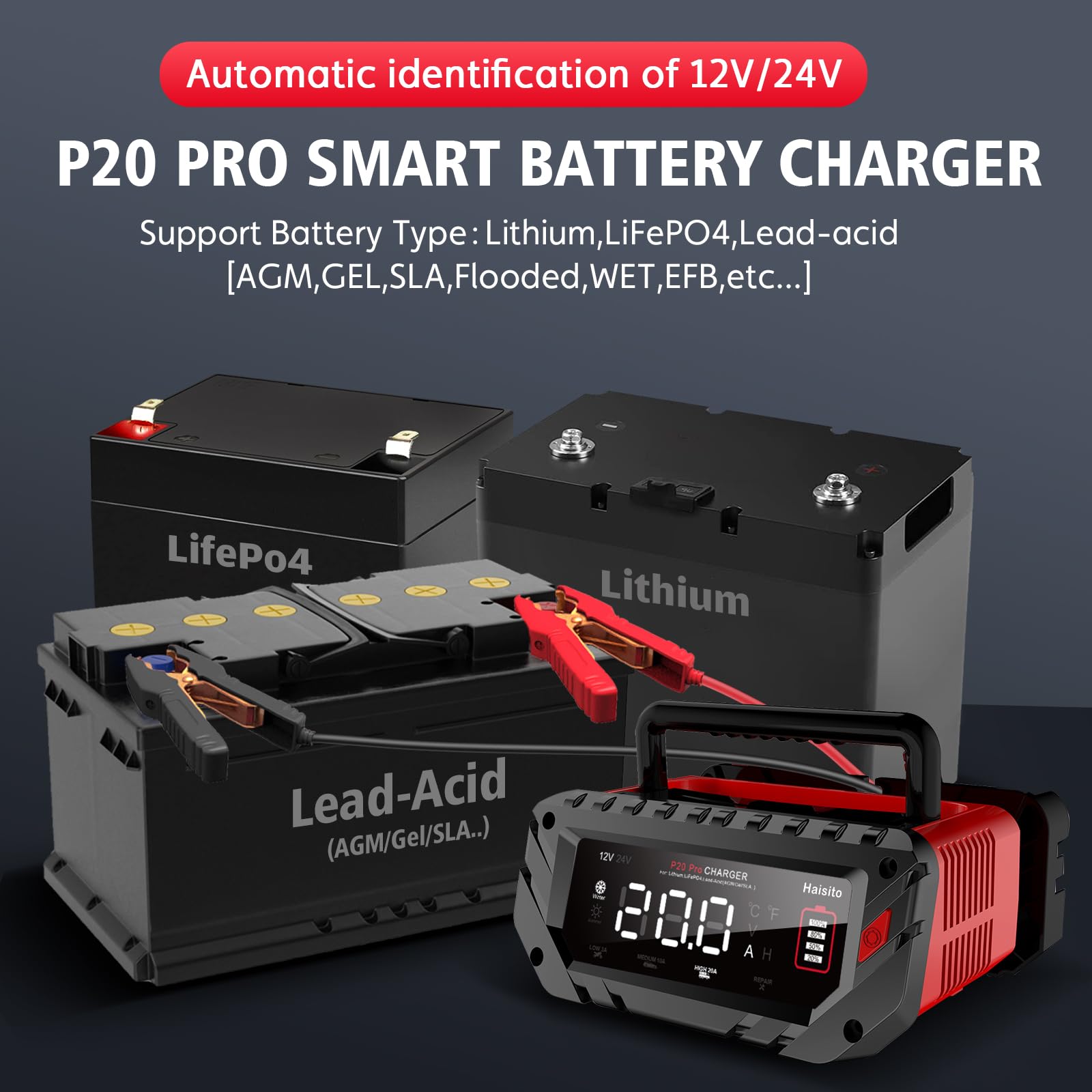 Haisito 20A Smart Lithium Battery Charger - 12V/24V LiFePO4, Lead-Acid (AGM/Gel/SLA) Car Battery Charger & Maintainer with Trickle Charge & Desulfation - Perfect for Cars, Boats, RVs & Marine Vehicles (Model H-20-PRO)