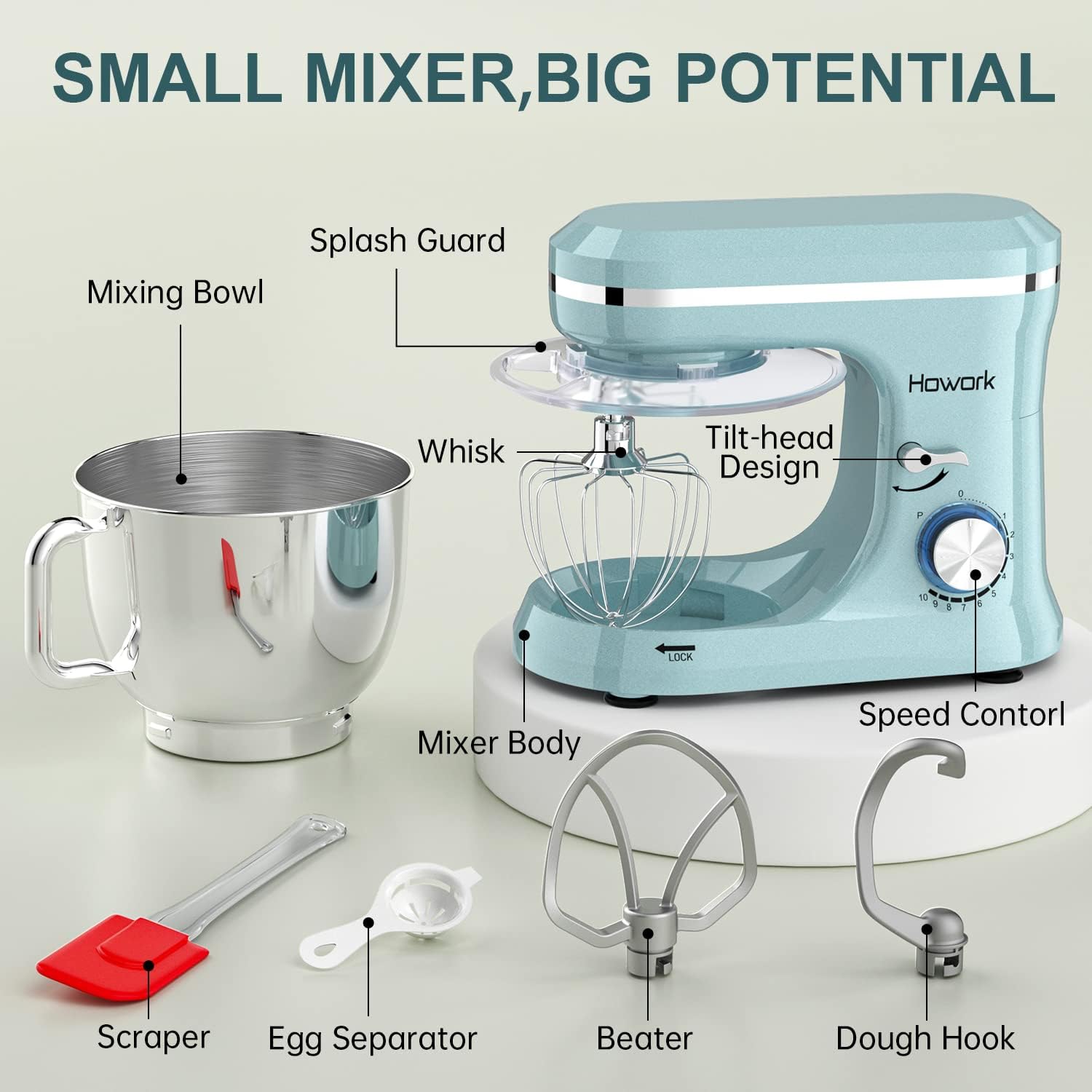 HOWORK 6.5QT Stand Mixer - 10+ Speed Electric Kitchen Mixer with Stainless Steel Bowl, Dough Hook, Wire Whip & Beater - Perfect for Baking Cakes, Cookies, Bread & Dough - Ideal for Home Bakers & Cooking Enthusiasts (Blue)