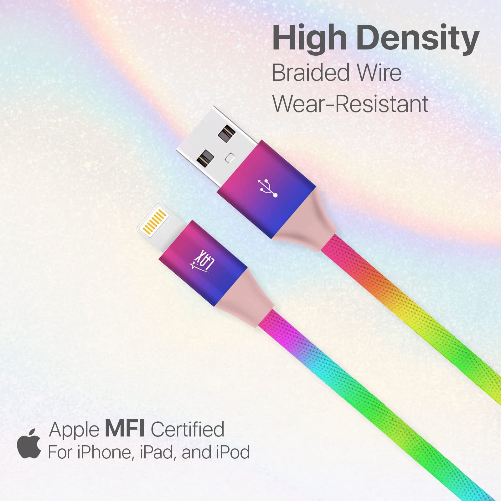Apple MFi Certified USB A to Lightning Cable - Fast Charging Rainbow Cable for iPhone, iPad, iPod (4FT) | Durable & Reliable for Home, Office & Travel Use