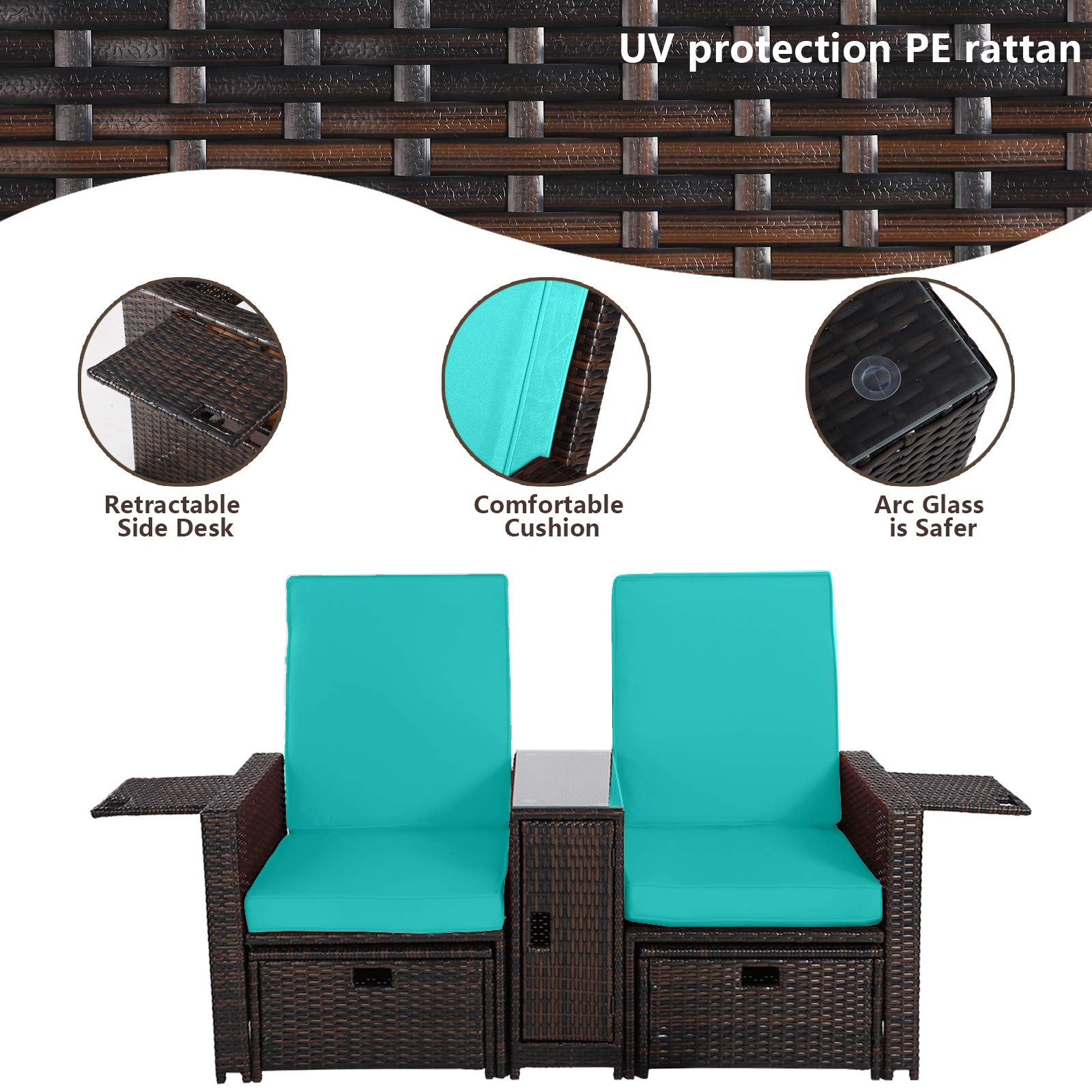 5PCS Outdoor Patio Furniture Set - Wicker Loveseat Sofa with Adjustable Backrest, Coffee Table & Ottoman - Rattan Lounge Chair for Garden, Beach, Poolside, Balcony, Backyard, Deck - Perfect for Relaxing, Entertaining & Outdoor Dining