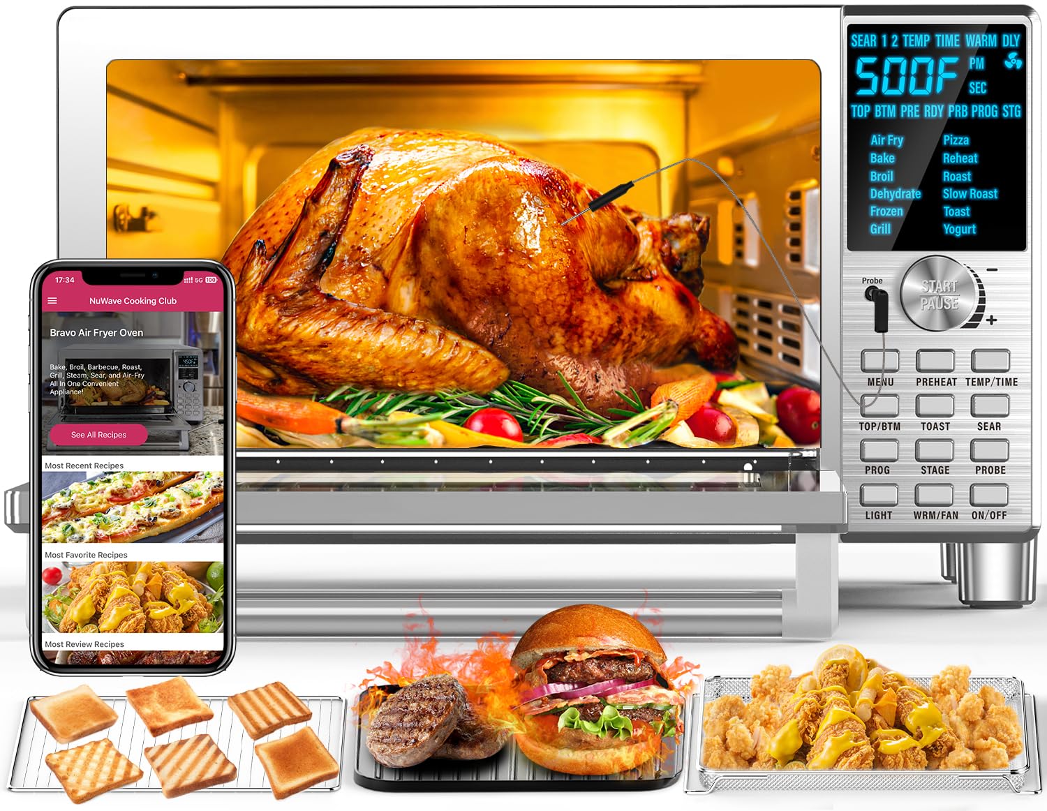 Nuwave Bravo XL Air Fryer Toaster Smart Oven - 12-in-1 Countertop Convection Oven with Grill/Griddle Combo, 30-Quart Large Capacity, 50°F-500°F Adjustable Temperature in 5°F Increments, Built-in Smart Thermometer & Linear T Technology - Perfect for Baking, Roasting, Air Frying & Family Cooking
