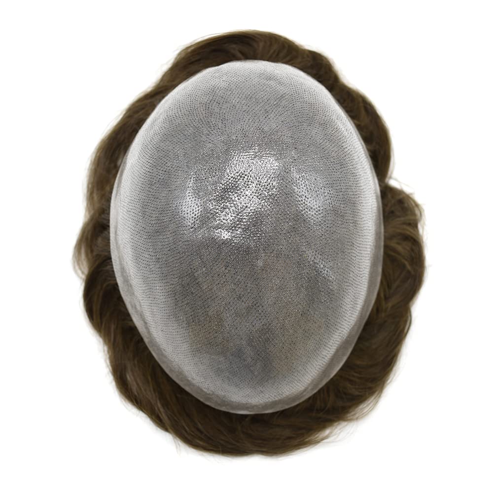 Premium 100% European Human Hair Toupee for Men - 0.12mm Thin Skin V-looped Hair Replacement System with Durable Poly Base (8