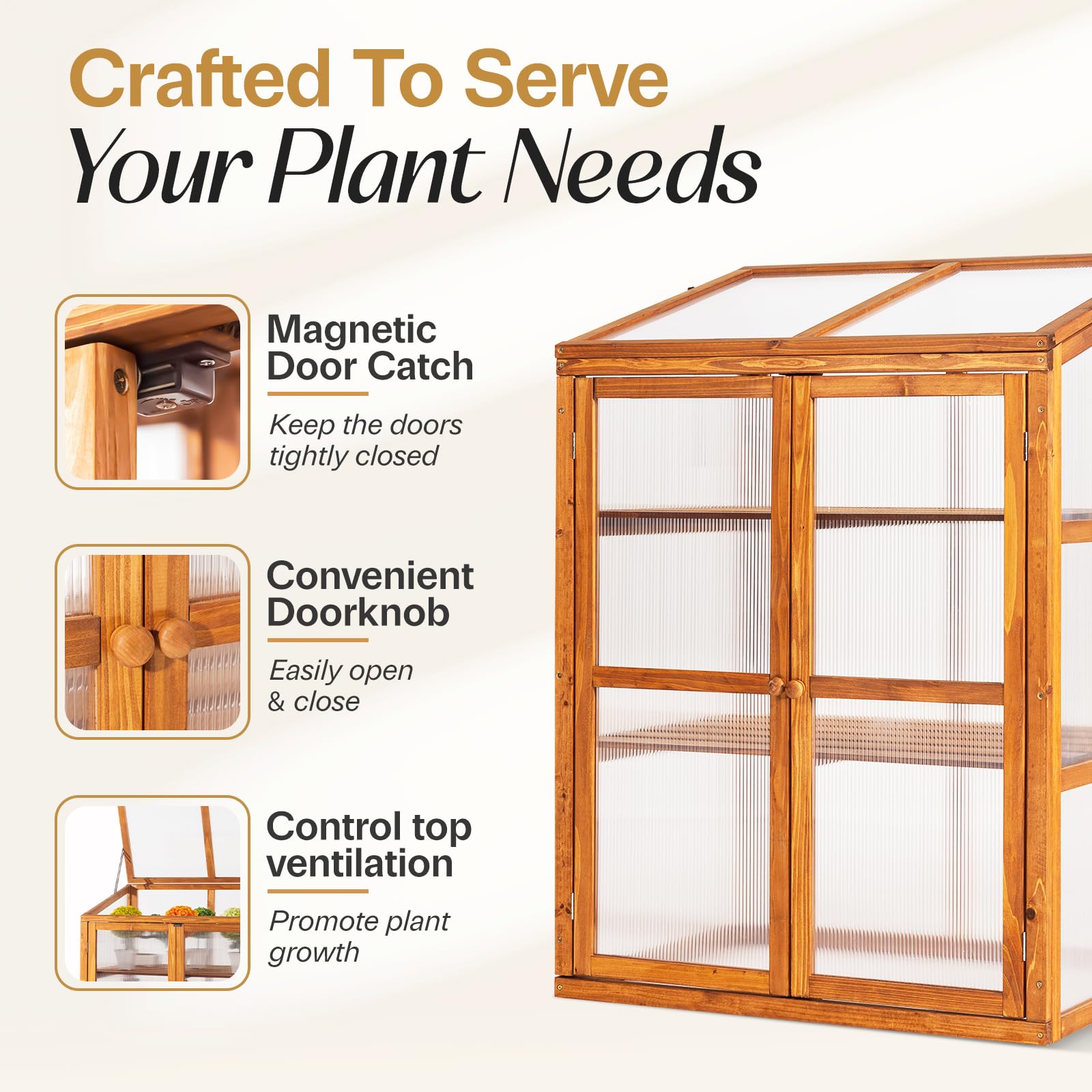 IDZO Fir Wood Cold Frame Greenhouse for Outdoor Plants - 2-Tier Greenhouse Cabinet with Transparent Polycarbonate Panels & Foldable Top - Ideal for Seed Starting, Herb Growing, and Plant Protection - Easy Assembly for Garden, Patio, and Backyard Use