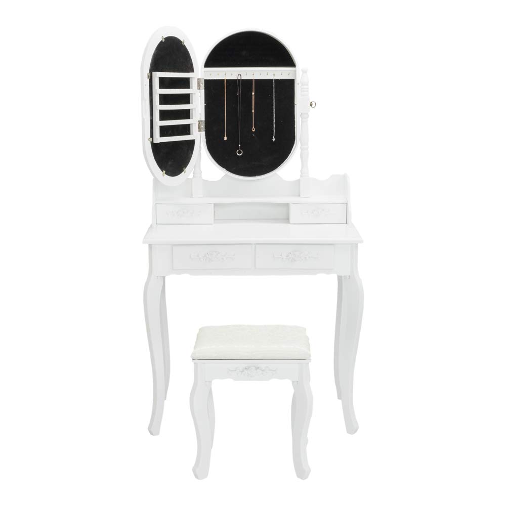 Wooden Vanity Table Set with Oval Mirror & Cushioned Stool - 4-Drawer Dressing Table Jewelry Cabinet for Women, Girls, Kids | Perfect for Bedroom Makeup, Jewelry Storage & Beauty Organization