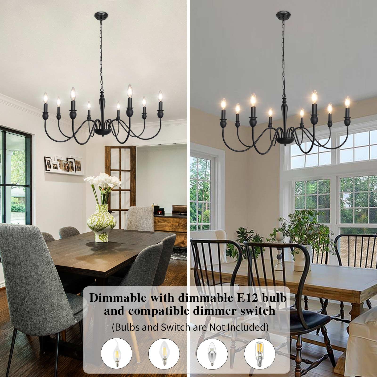 Matte Black Farmhouse Chandelier - 8-Light Rustic Industrial Ceiling Fixture (37 Inch) for Dining Room, Living Room, Bedroom, Kitchen Island & Foyer | Perfect for Farmhouse Decor, Modern Rustic Interiors & Candle-Style Lighting