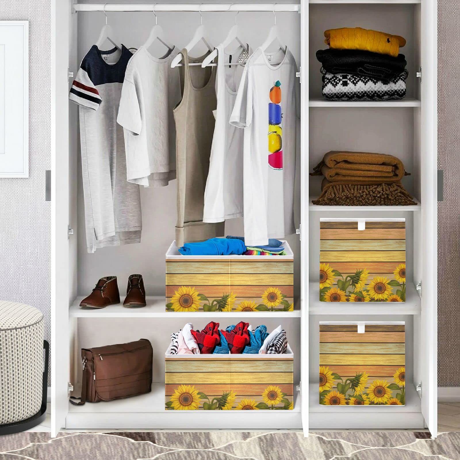 Sunflower Leaves Storage Basket - Collapsible Square Cloth Bin for Home Organization | Perfect for Toys, Kids Clothes & Closet Storage | Foldable Fabric Container for Bedroom, Nursery & Playroom