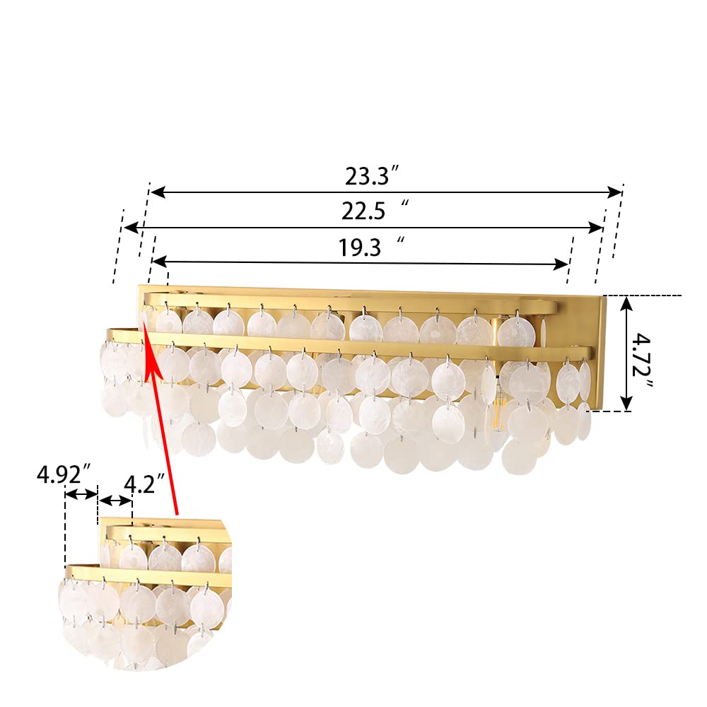 TOCHIC 3-Light Vanity Mirror Light with Natural Capiz Shell Shade, Brushed Gold Dimmable Bathroom Lighting Fixture - Modern Wall Sconce for Makeup Vanity, Powder Room, Bedroom & Living Room (23 Inch Wide) | Perfect for Soft Ambient Lighting & Elegant Home Decor