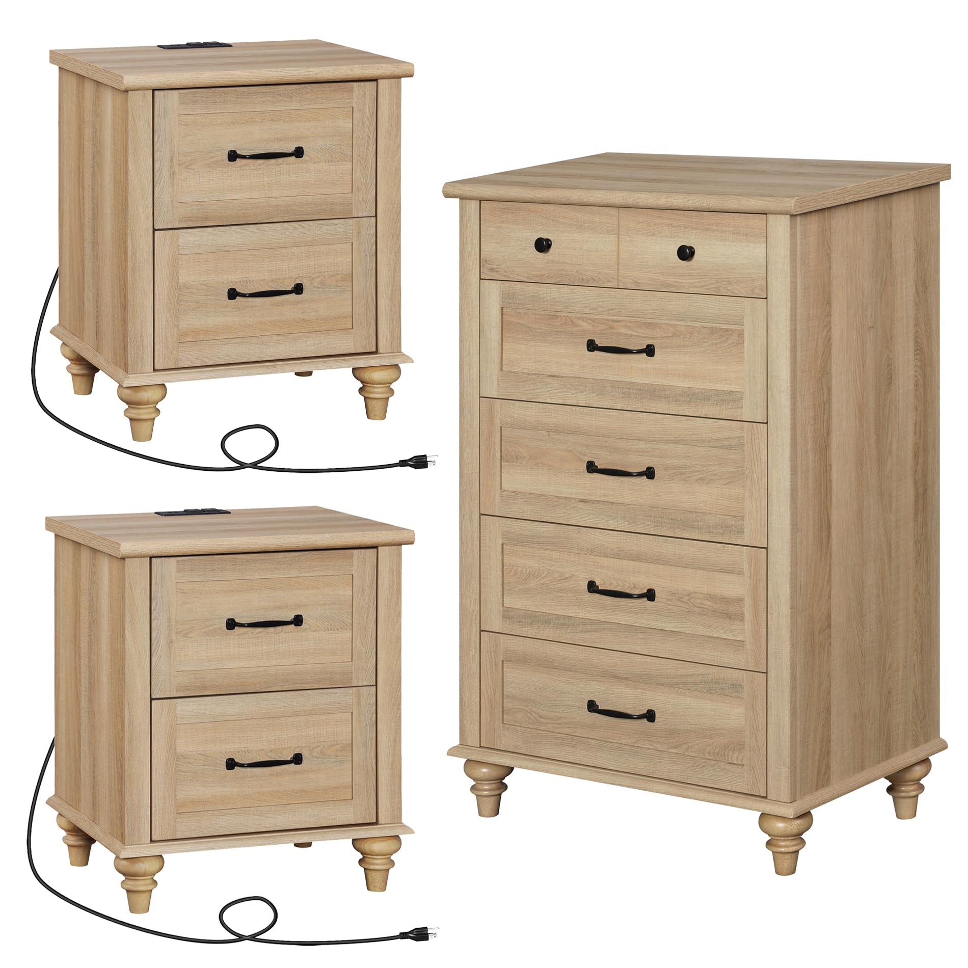 WAMPAT 3-Piece Farmhouse Bedroom Set - Oak Dresser with 5 Drawers & 2 Nightstands with Charging Stations - Rustic Wooden Chest of Drawers & End Tables for Master Bedroom Decor