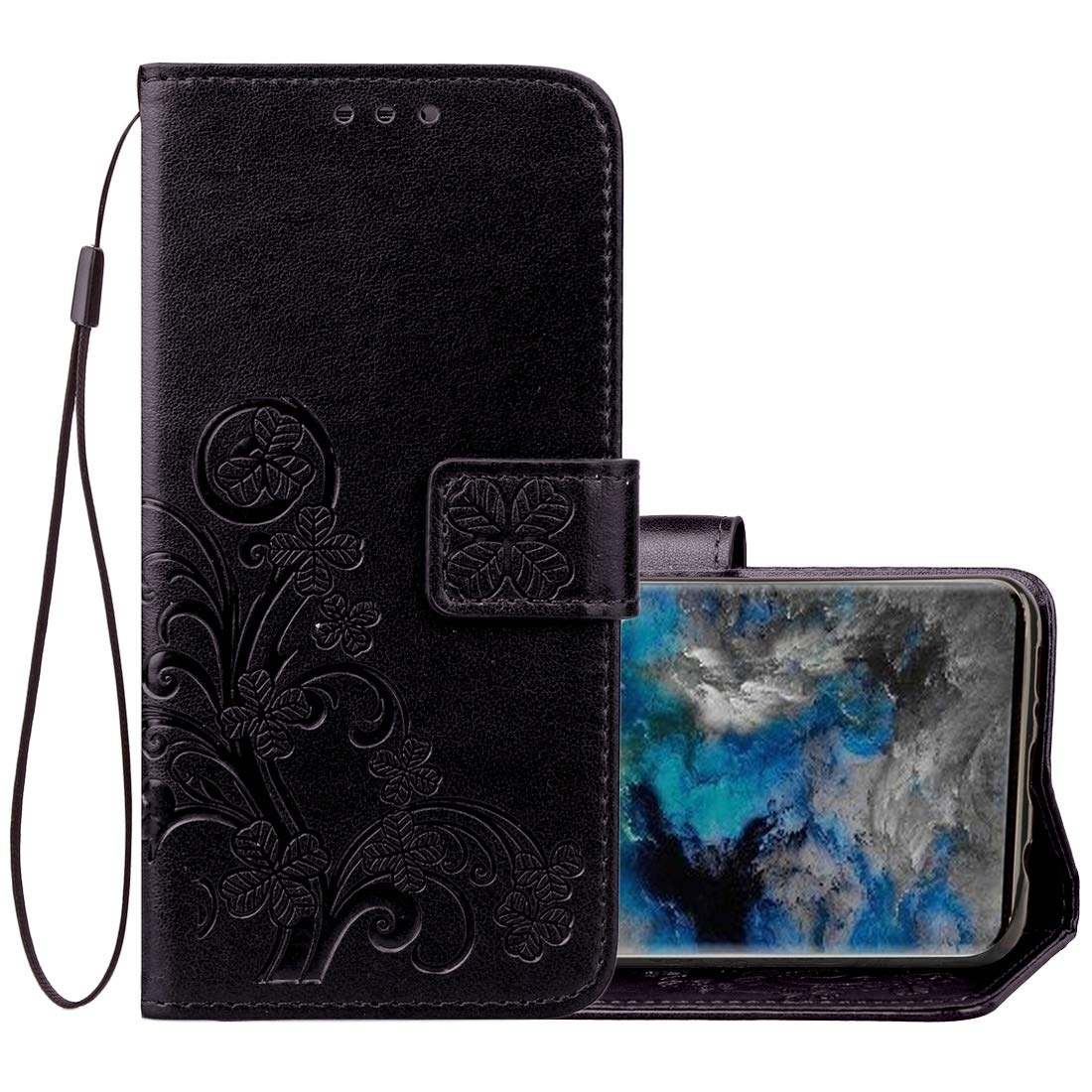 Lucky Clover Pressed Flowers Galaxy S9 Phone Case - Horizontal Flip Leather Wallet Case with Card Slots, Hand Strap & Holder (Magenta/Black) - Perfect for Daily Use, Travel & Gift Giving