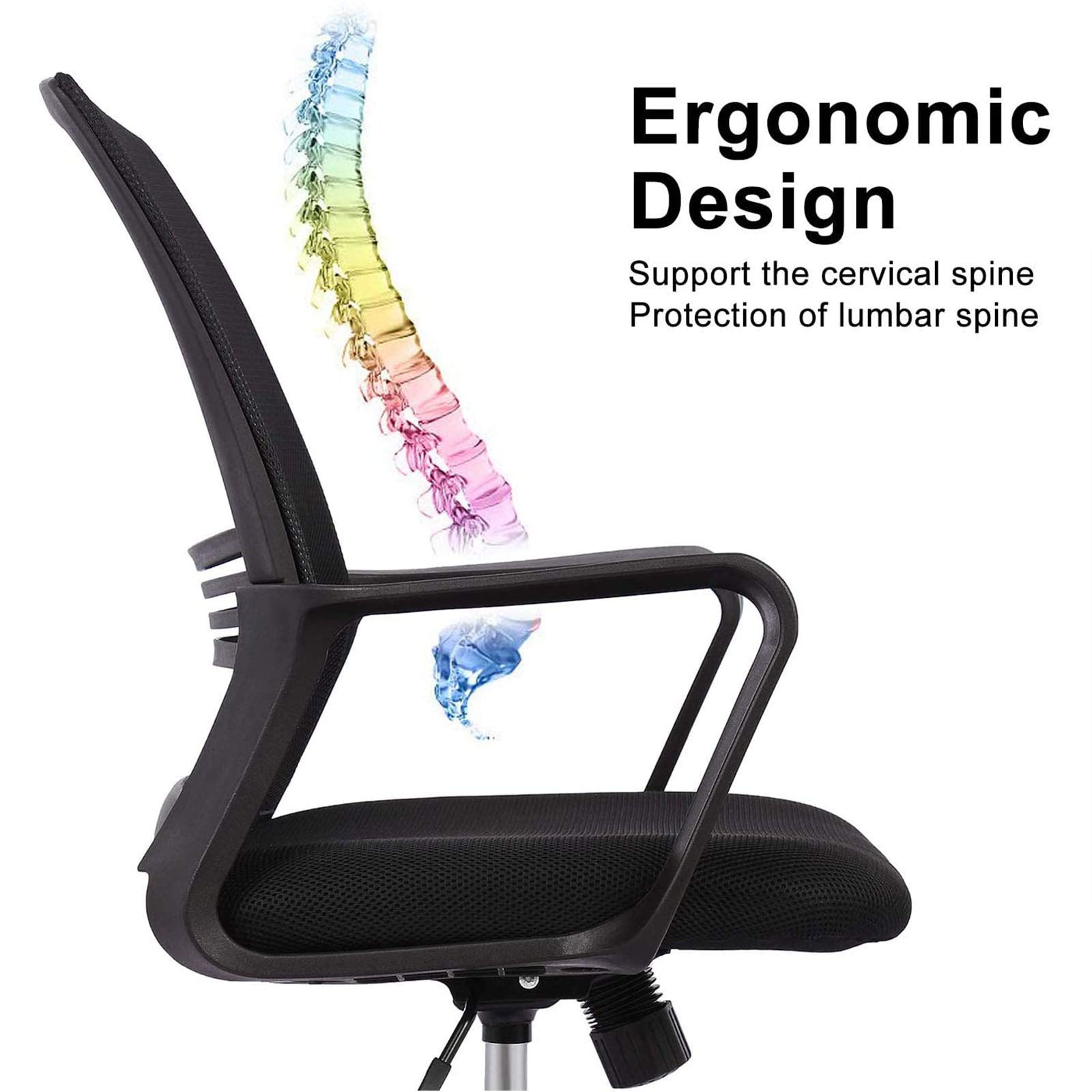 Ergonomic Mesh Office Chair with Lumbar Support & Adjustable Armrests - Black Swivel Rolling Computer Desk Chair for Home & Executive Workspaces - Perfect for Long Work Hours, Gaming & Remote Work