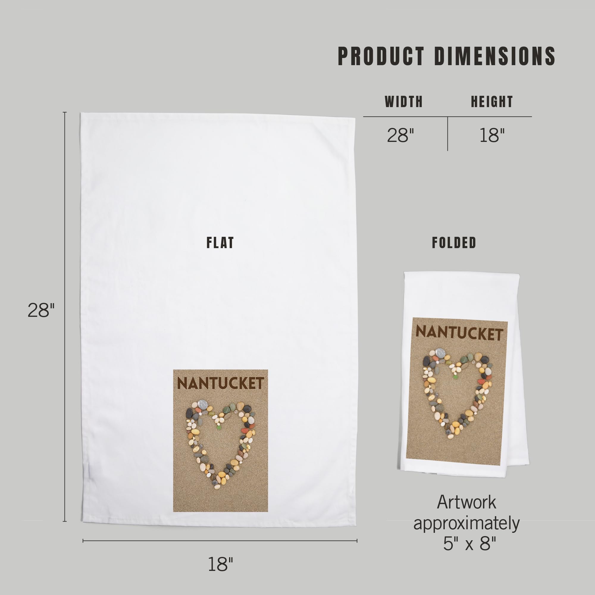 Lantern Press Nantucket Massachusetts Stone Heart on Sand - 100% Cotton Tea Towel, Decorative Hand Towel for Kitchen & Home Decor | Perfect for Coastal Themed Kitchens, Farmhouse Style Homes & Gift Giving