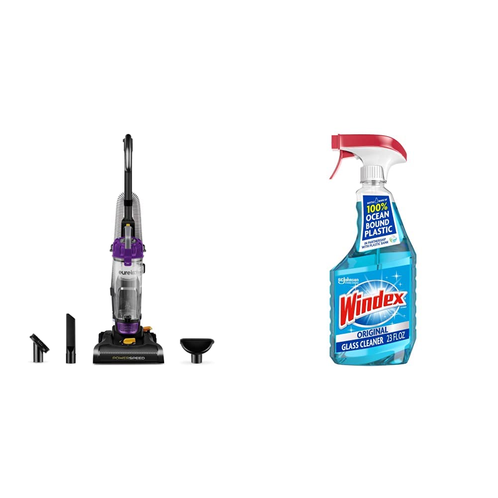 Eureka NEU182B PowerSpeed Bagless Upright Vacuum Cleaner - Lightweight Purple | Windex Glass Cleaner Spray Bottle 23 fl oz - 100% Recycled Plastic | Home Cleaning Essentials for Floors & Windows